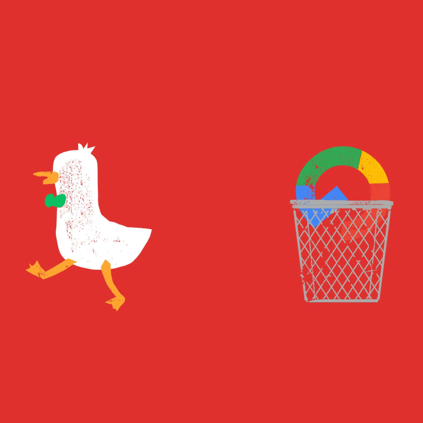 Duckduckgo 桌布 壁紙 — 一隻戴著綠色蝴蝶結的白雞跑向一個拿著彩色Google標誌的垃圾桶。