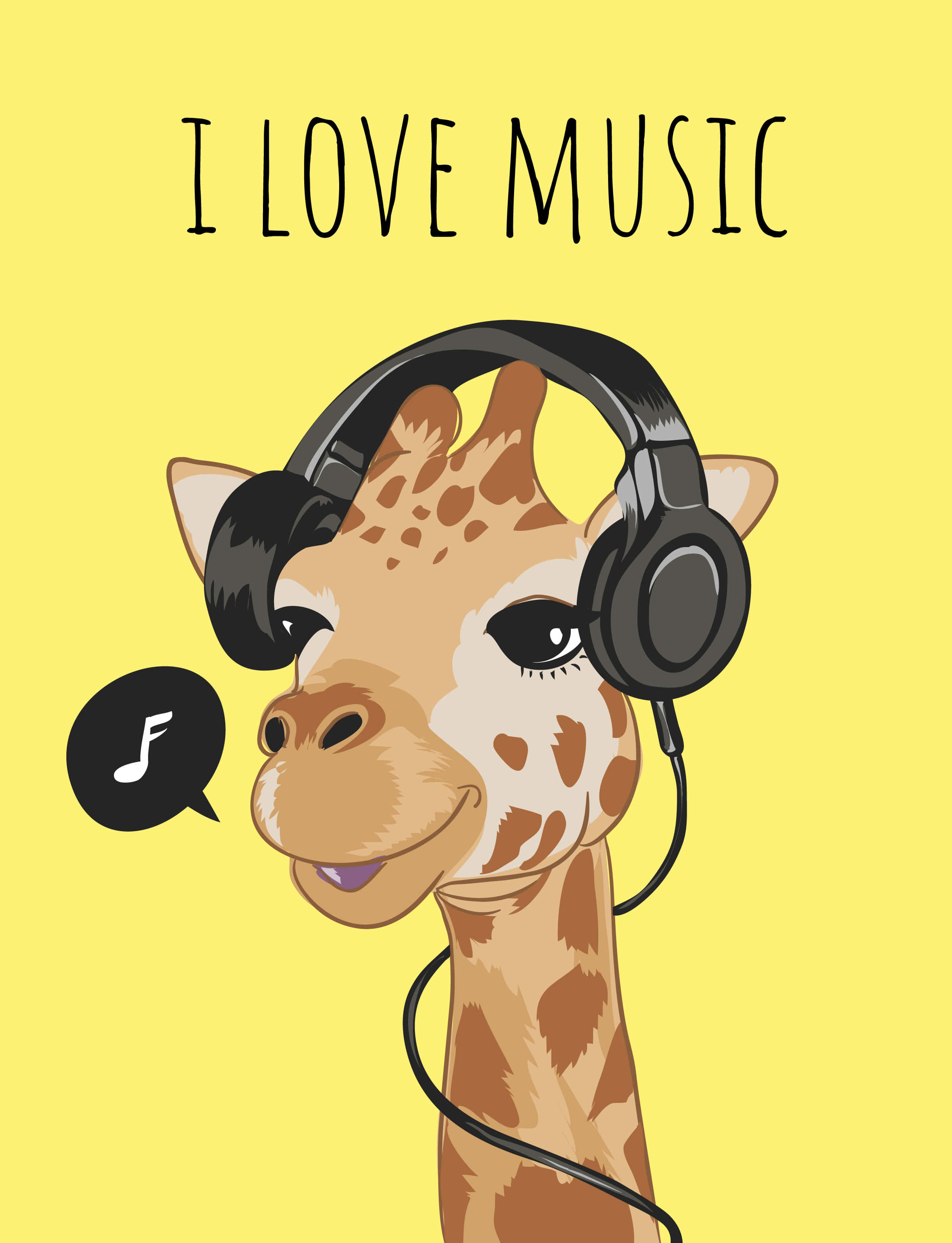 Kawaii Giraffe 桌布 壁紙 — 一隻戴著耳機的開心卡通長頸鹿在明亮的黃色背景上微笑，旁邊有一個音符對話氣泡。