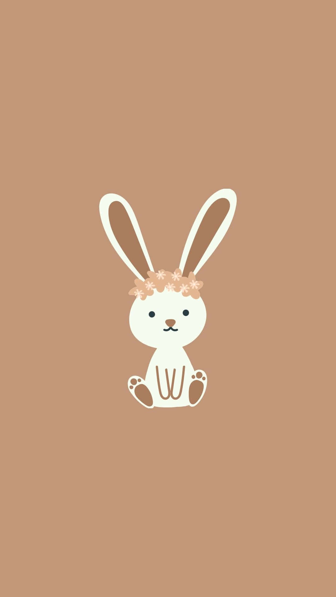 Korean Beige Aesthetic 桌布 壁紙 — 一隻戴著花冠的極簡白色兔子坐在純棕色背景中央。