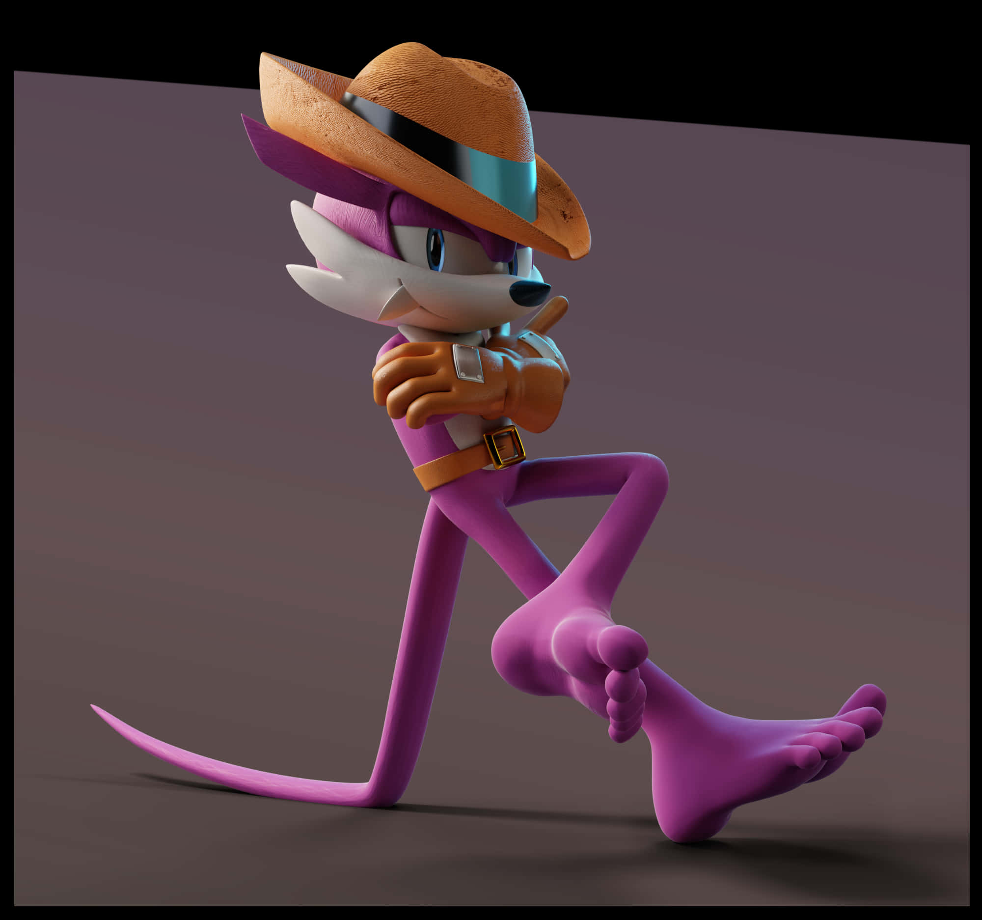 Fang The Sniper 桌布 壁紙 — 一隻戴著草帽和手套的紫色擬人狐狸，在柔和的漸變背景前擺出自信的姿勢。