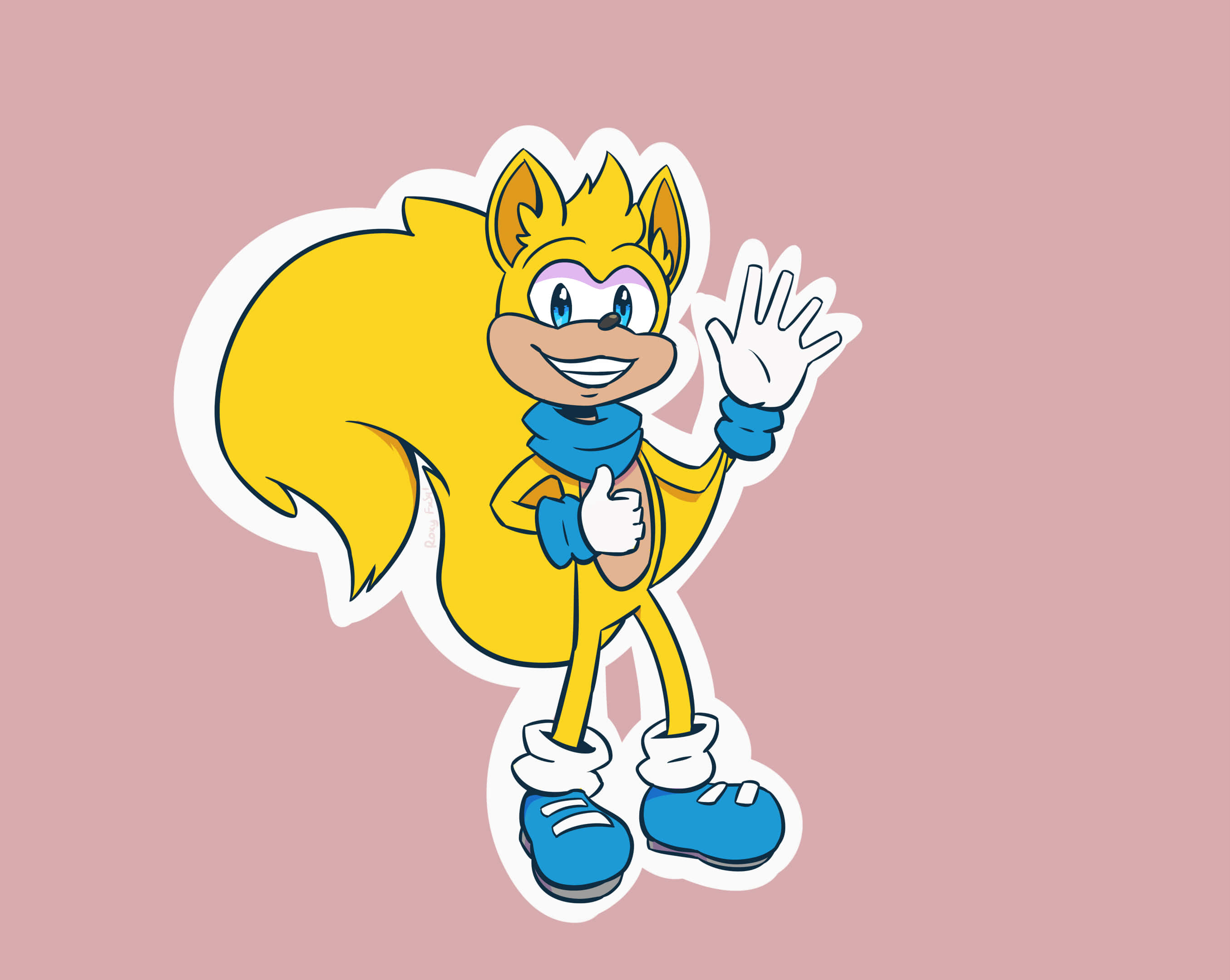 Ray The Flying Squirrel 桌布 壁紙 — 一隻戴著藍色圍巾和鞋子的快樂黃色卡通狐狸，在柔和的粉紅色背景上揮手並豎起大拇指。