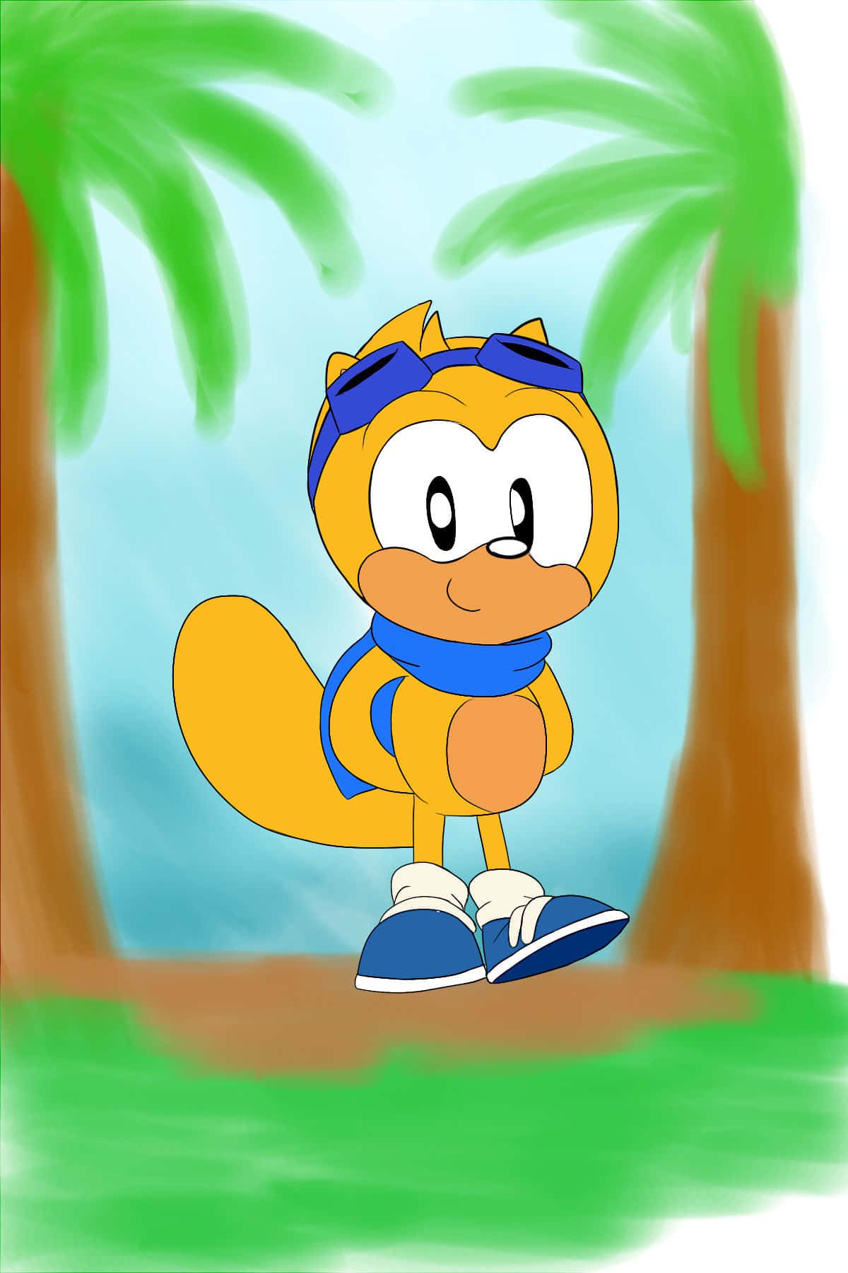 Ray The Flying Squirrel 桌布 壁紙 — 一隻戴著藍色護目鏡、圍巾和鞋子的快樂黃色卡通狐狸站在兩棵棕櫚樹之間，天空明亮。