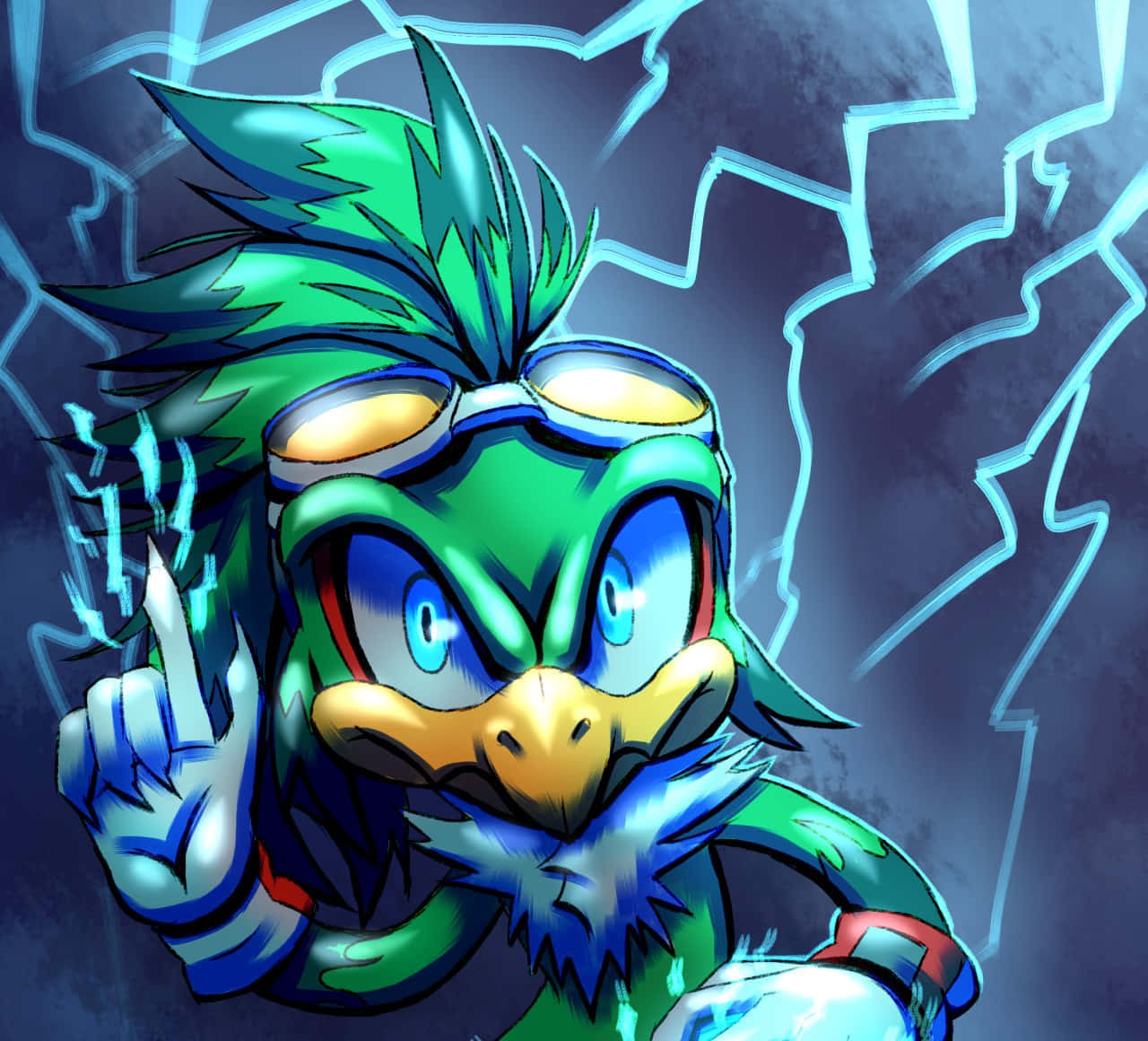 Jet The Hawk 桌布 壁紙 — 一隻戴著護目鏡、周身環繞閃電效果的綠色鳥類角色，在黑暗暴風雨背景下做出挑釁的手勢。