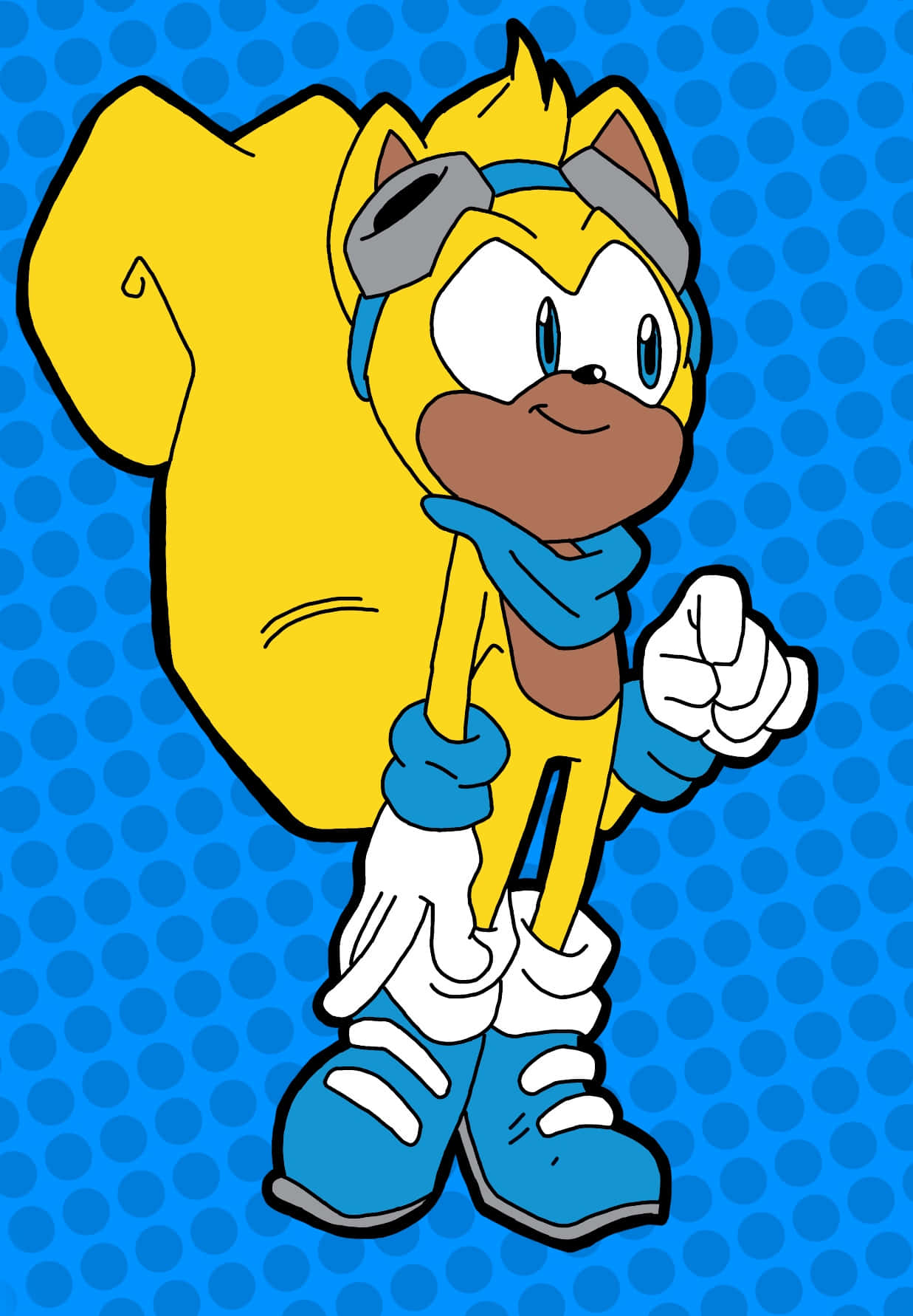 Ray The Flying Squirrel 桌布 壁紙 — 一隻戴著護目鏡和藍色圍巾的開心黃色擬人狐狸，自信地站在藍色圓點背景前。