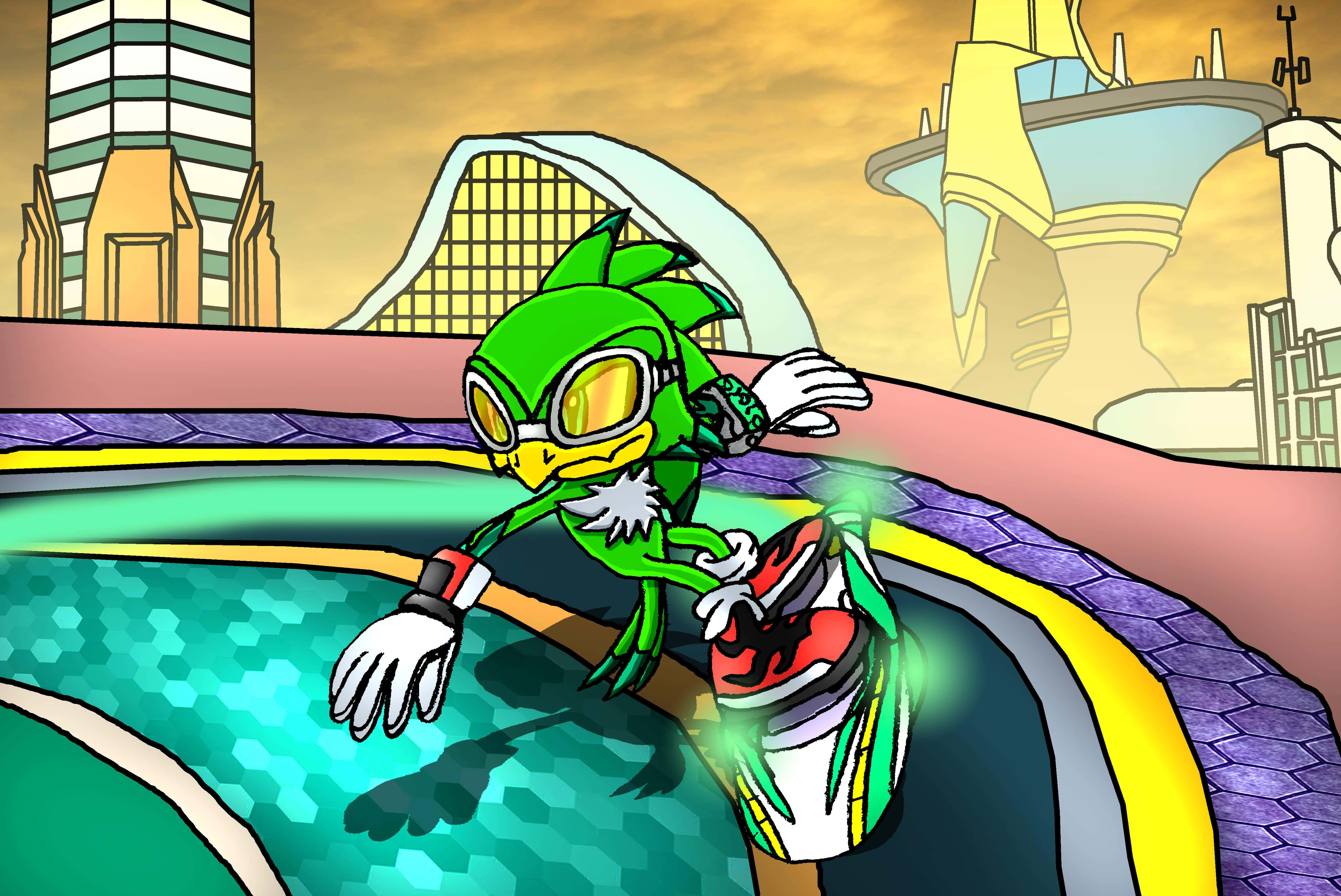 Jet The Hawk 桌布 壁紙 — 一隻戴著護目鏡的綠色擬人鳥在未來主義賽道上奔馳，背景是日落城市景觀。