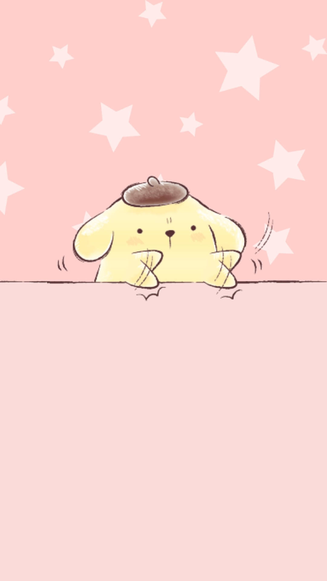 一隻戴著貝雷帽的黃色卡通狗在星星上方探頭張望壁架。 — 布甸狗 GIF 壁紙