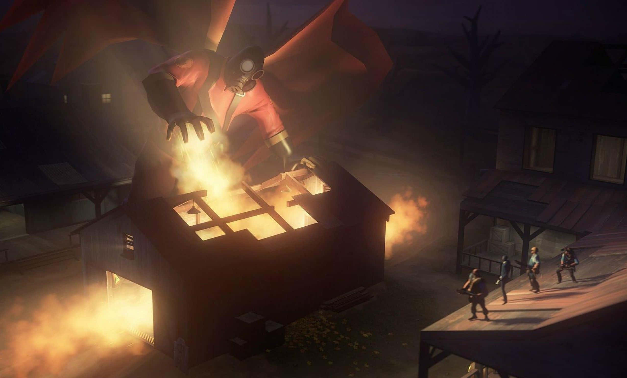 Team Fortress 2 Characters 桌布 壁紙 — 一隻戴著防毒面具的巨型紅翼生物盤旋在燃燒的穀倉上方，而小人物們在夜晚從門廊觀看。