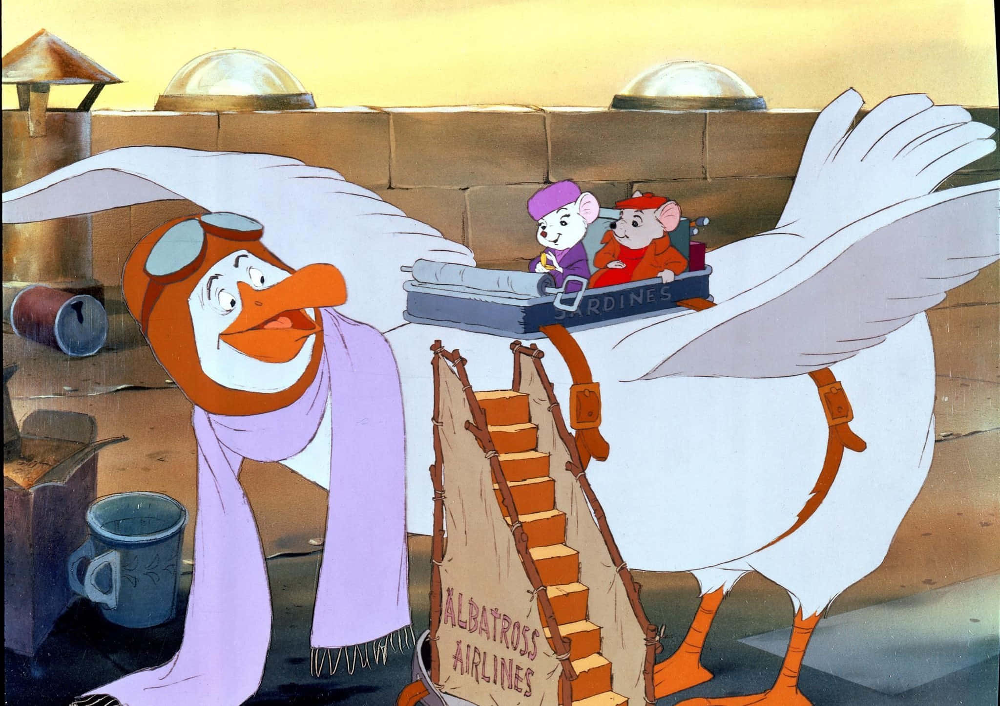 The Rescuers Down Under 桌布 壁紙 — 一隻戴著飛行員帽和圍巾的卡通信天翁站在一架小型飛機旁邊，飛機側面標有「SARDINES」，並有兩隻老鼠乘客。