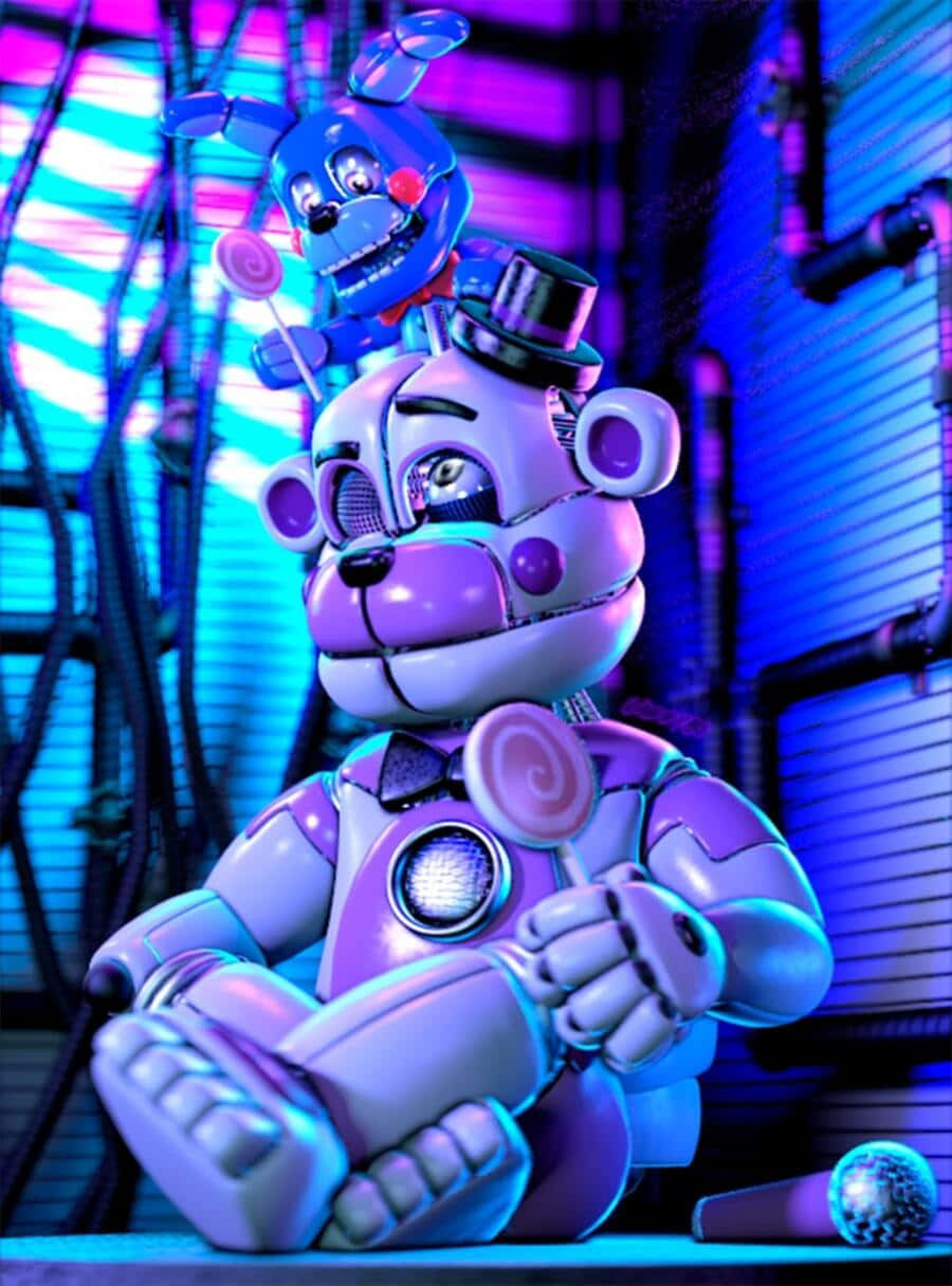Funtime Freddy 桌布 壁紙 — 一隻戴著高帽、拿著棒棒糖的紫色電子熊坐在霓虹燈照亮的工業環境中，上方還有另一隻熊。