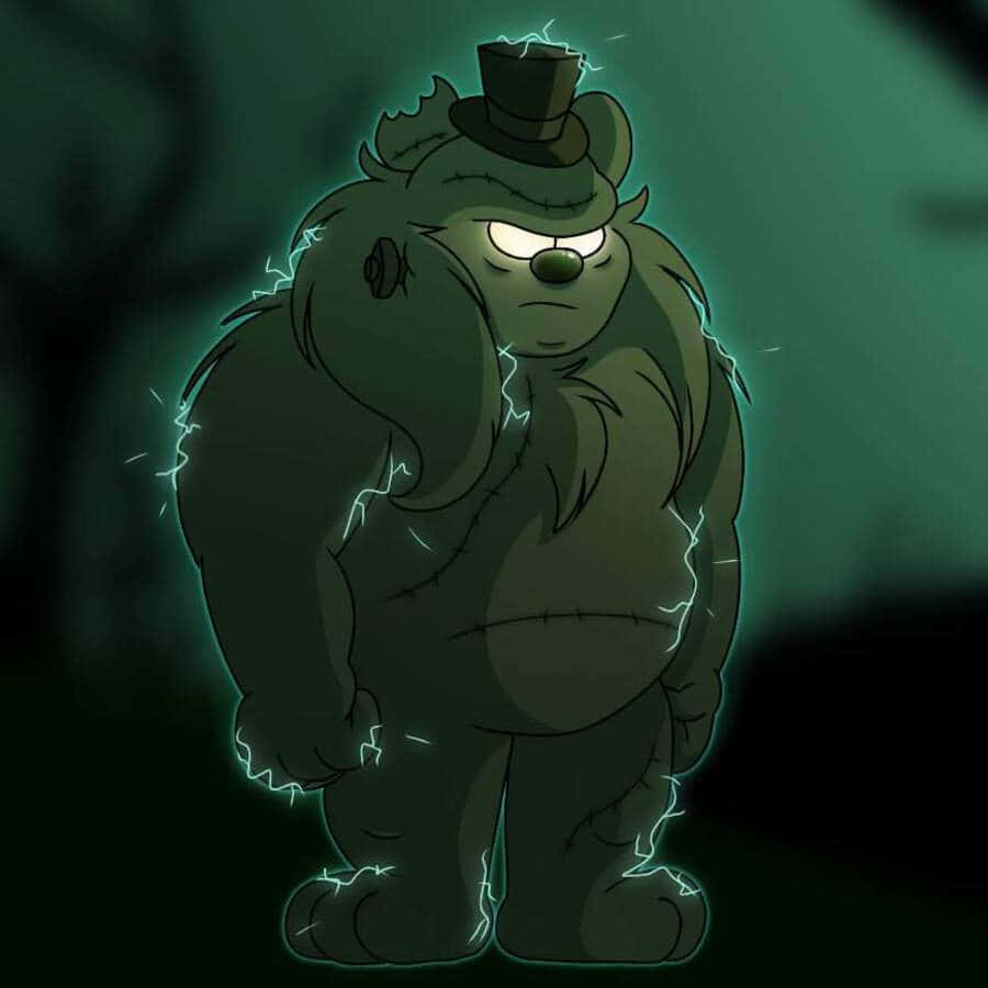 Dreadbear 桌布 壁紙 — 一隻戴著高帽、縫合而成的可怕熊，在深綠色背景下發出電能噼啪聲。