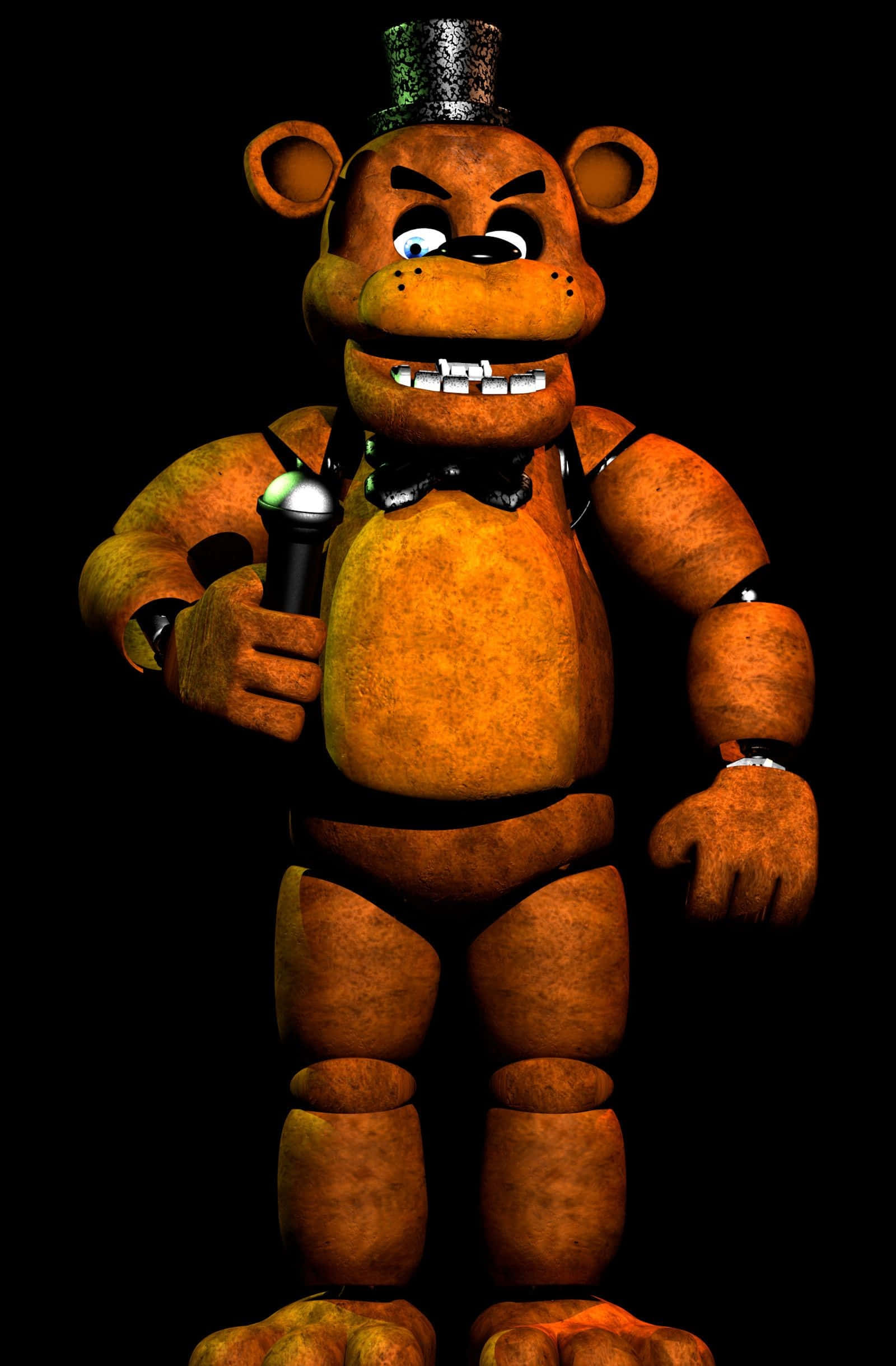 Freddy Fazbear 桌布 壁紙 — 一隻戴著高帽和拿著咪高峰的橙色機械熊，在黑色背景前顯得威嚇。
