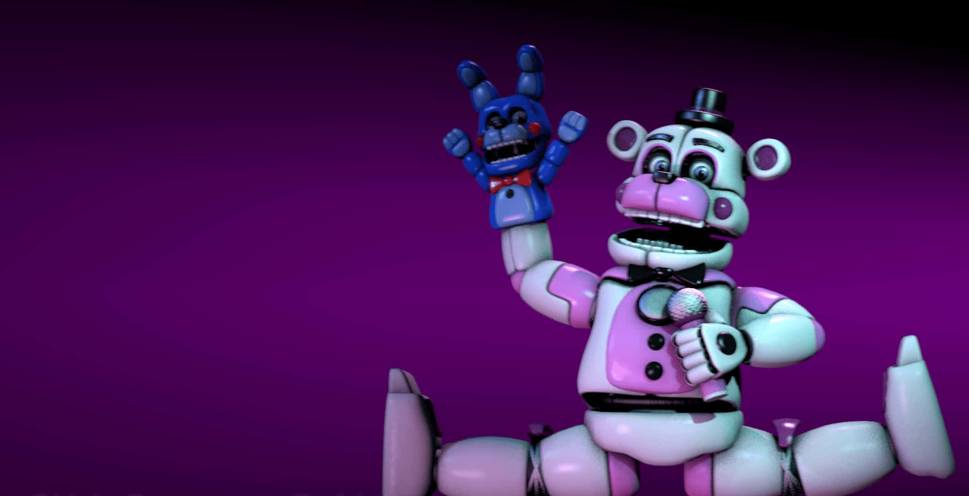 Funtime Freddy 桌布 壁紙 — 一隻戴著高帽和拿著咪高峰的粉紅色電子熊，與一隻藍色電子兔在深紫色漸變背景前揮手。