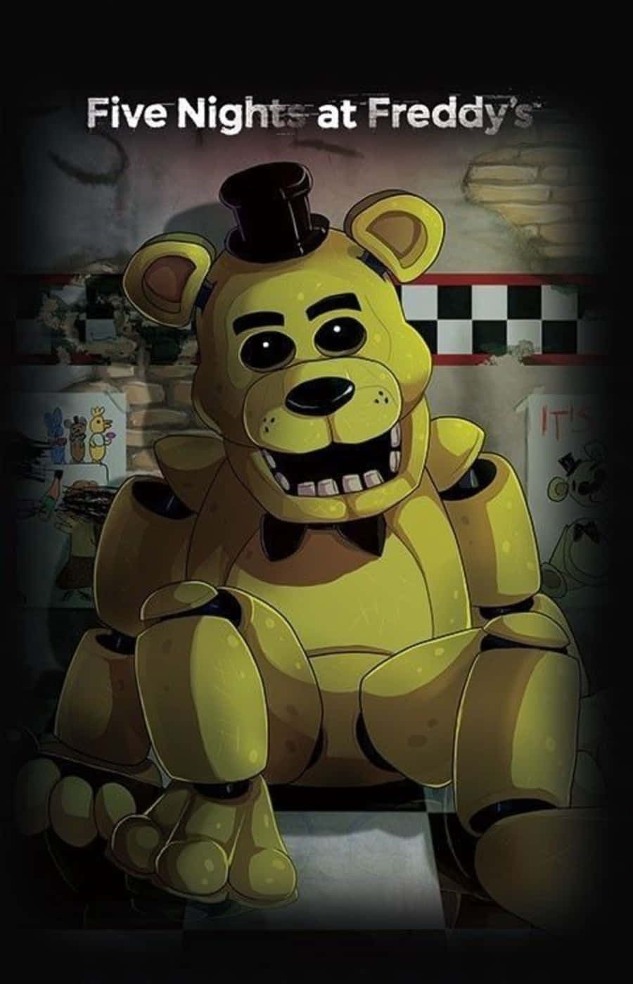 Golden Freddy 桌布 壁紙 — 一隻戴著高帽和領結的威脅性黃色電子熊坐在光線昏暗、佈滿塗鴉的房間裡。