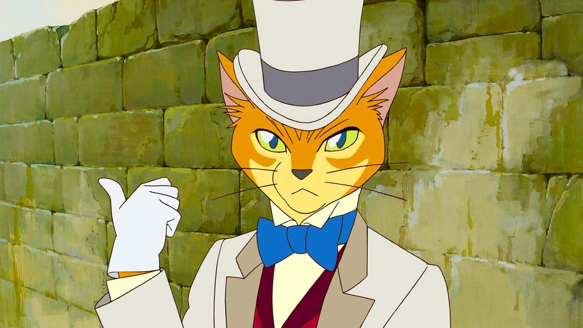 the cat returns 桌布 壁紙 — 一隻戴著高帽和領結的橙色貓咪，自信地對著長滿青苔的石牆做手勢。