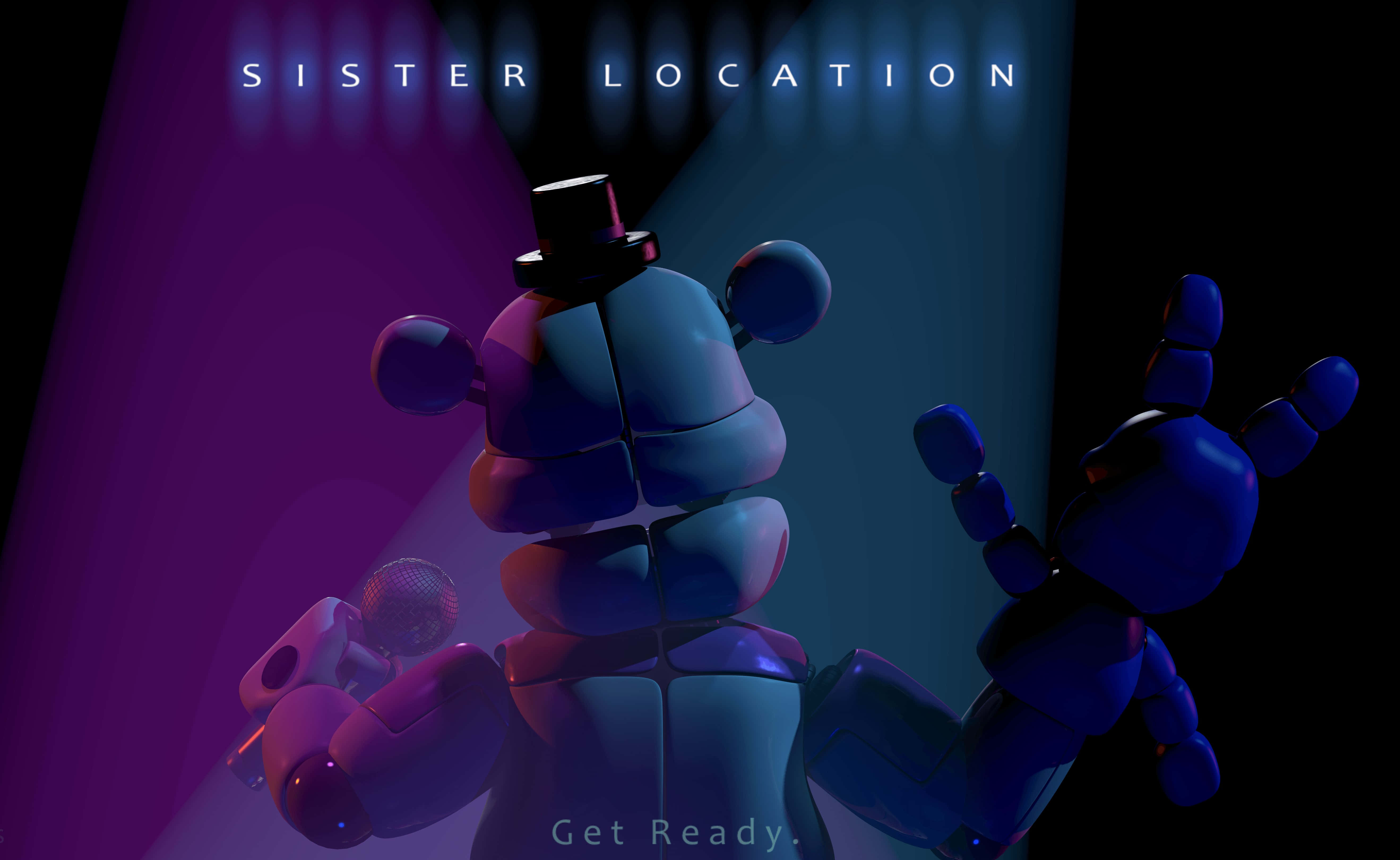 Funtime Freddy 桌布 壁紙 — 一隻戴著高帽的藍色電子熊在紫色和藍色舞台燈光下拿著咪高峰，文字顯示「SISTER LOCATION」和「Get Ready。」