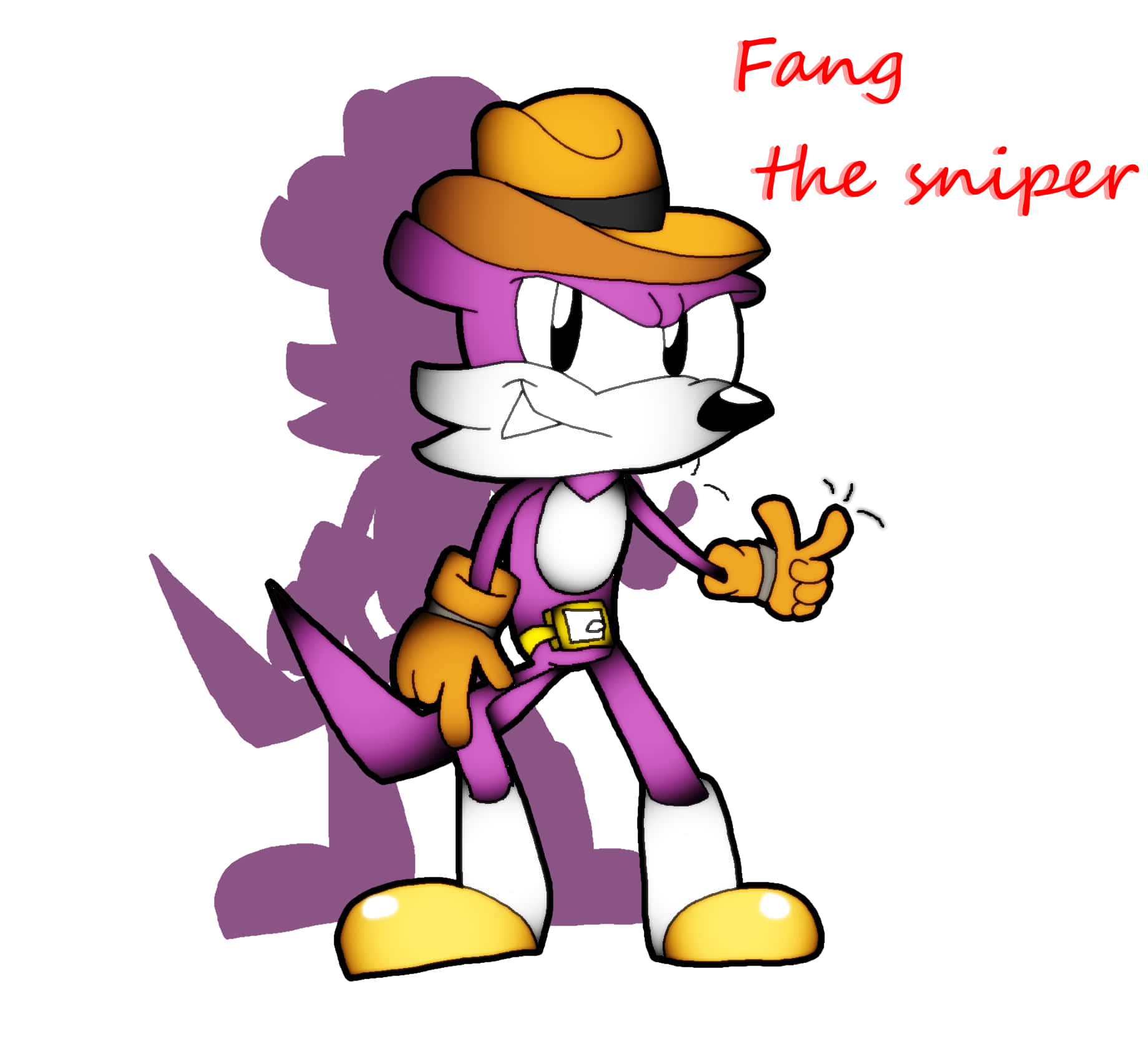 Fang The Sniper 桌布 壁紙 — 一隻戴著黃色帽子和手套的紫色卡通狐狸，手持狙擊步槍豎起大拇指。