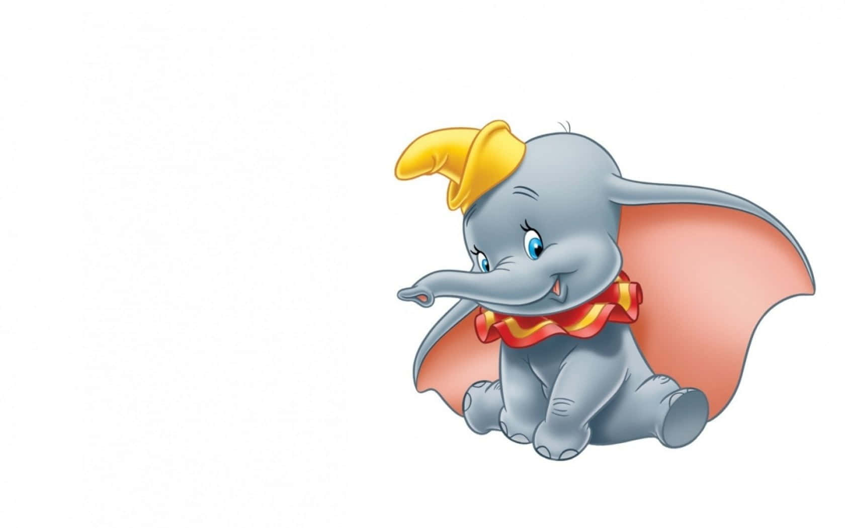 Kawaii Elephant 桌布 壁紙 — 一隻戴著黃色帽子和紅色斗篷的快樂卡通大象，在純白色背景上微笑坐著。