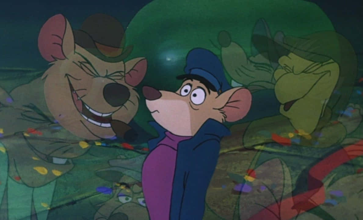 The Great Mouse Detective 桌布 壁紙 — 一隻戴藍色帽子和紫色襯衫的卡通老鼠，在咧嘴笑的熊和綠色鬼魂般的人物附近，看著彩色紙屑在他周圍飄落，顯得很驚訝。