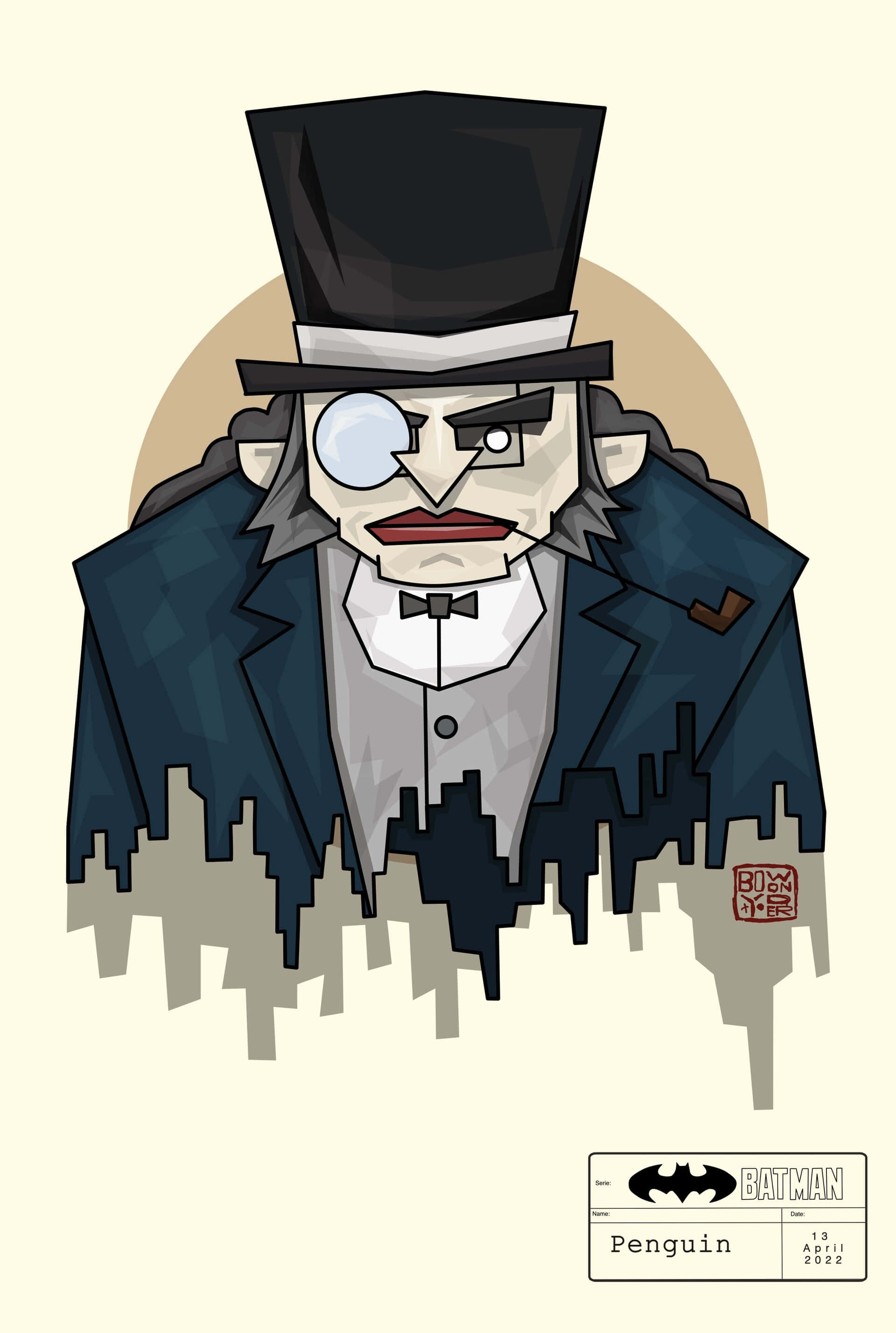 Batman Penguin 桌布 壁紙 — 一隻戴高帽、穿西裝的風格化卡通企鵝，城市天際線剪影形成其外套下擺。