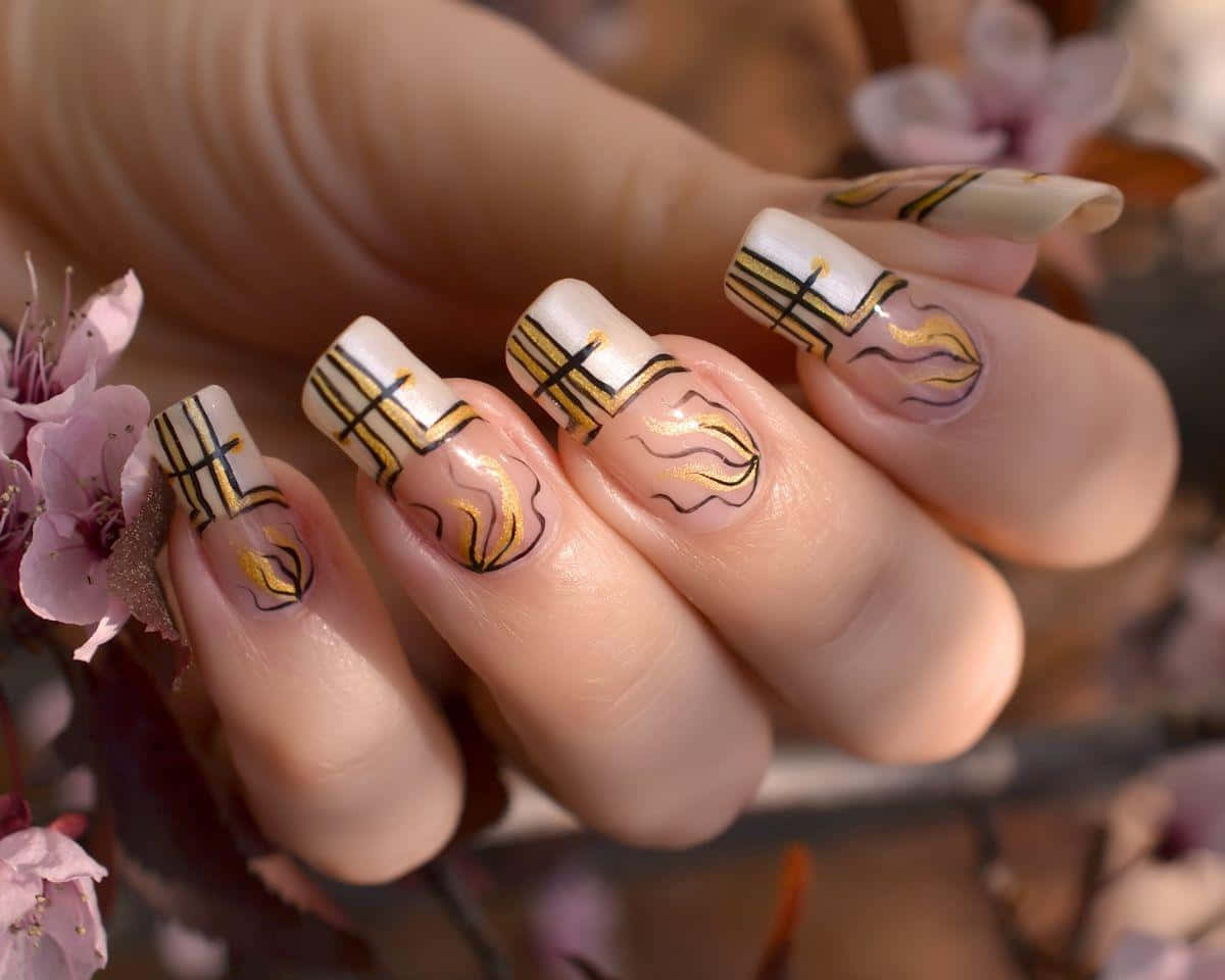 Cute Nails 桌布 壁紙 — 一隻手，帶有優雅的白色指甲，飾有金色和黑色的幾何圖案及火焰圖案，以柔和的粉紅色櫻花框住。