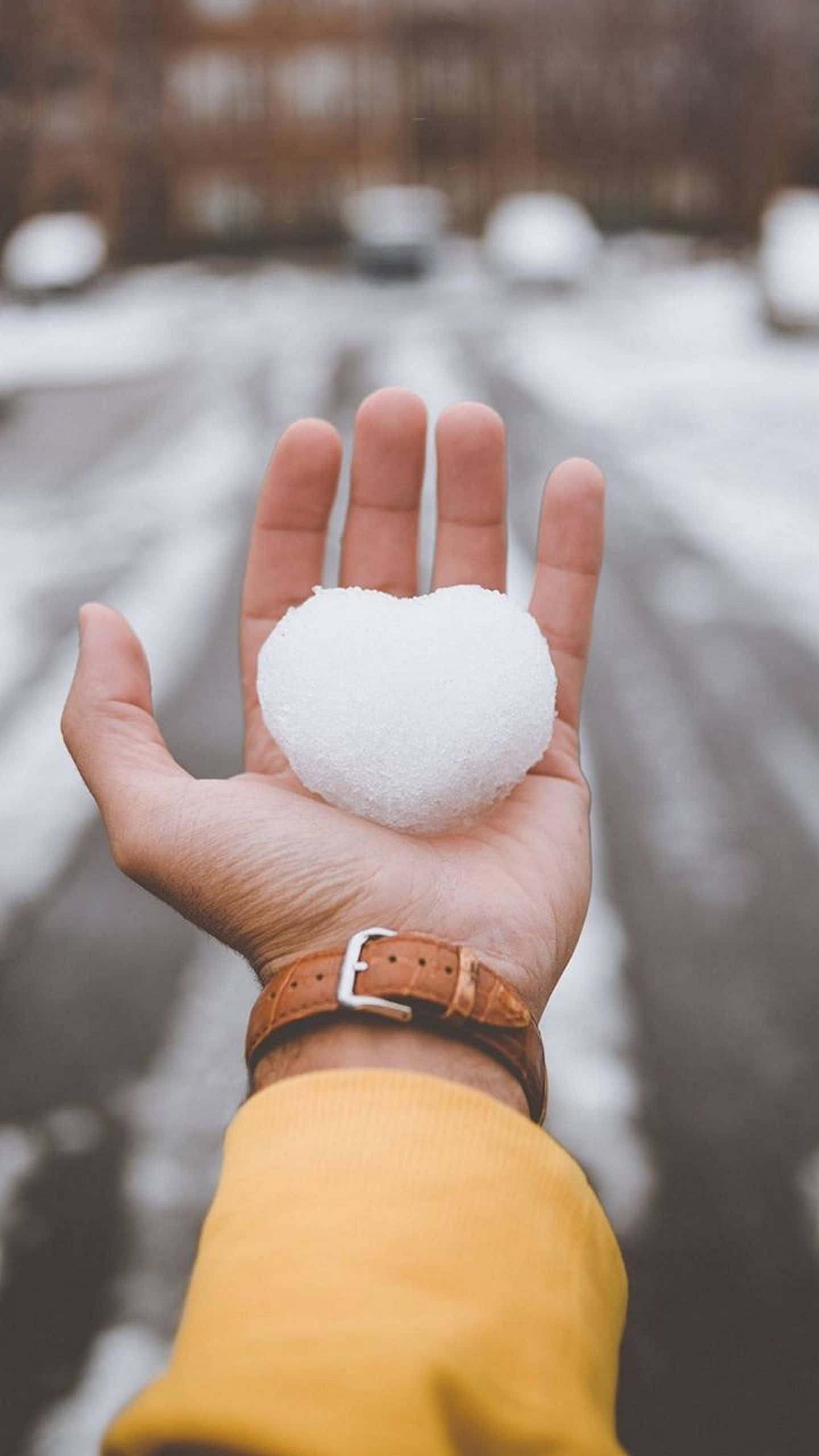 白色心形 桌布 壁紙 — 一隻手在積雪的都市街道背景下拿著一個心形雪球。