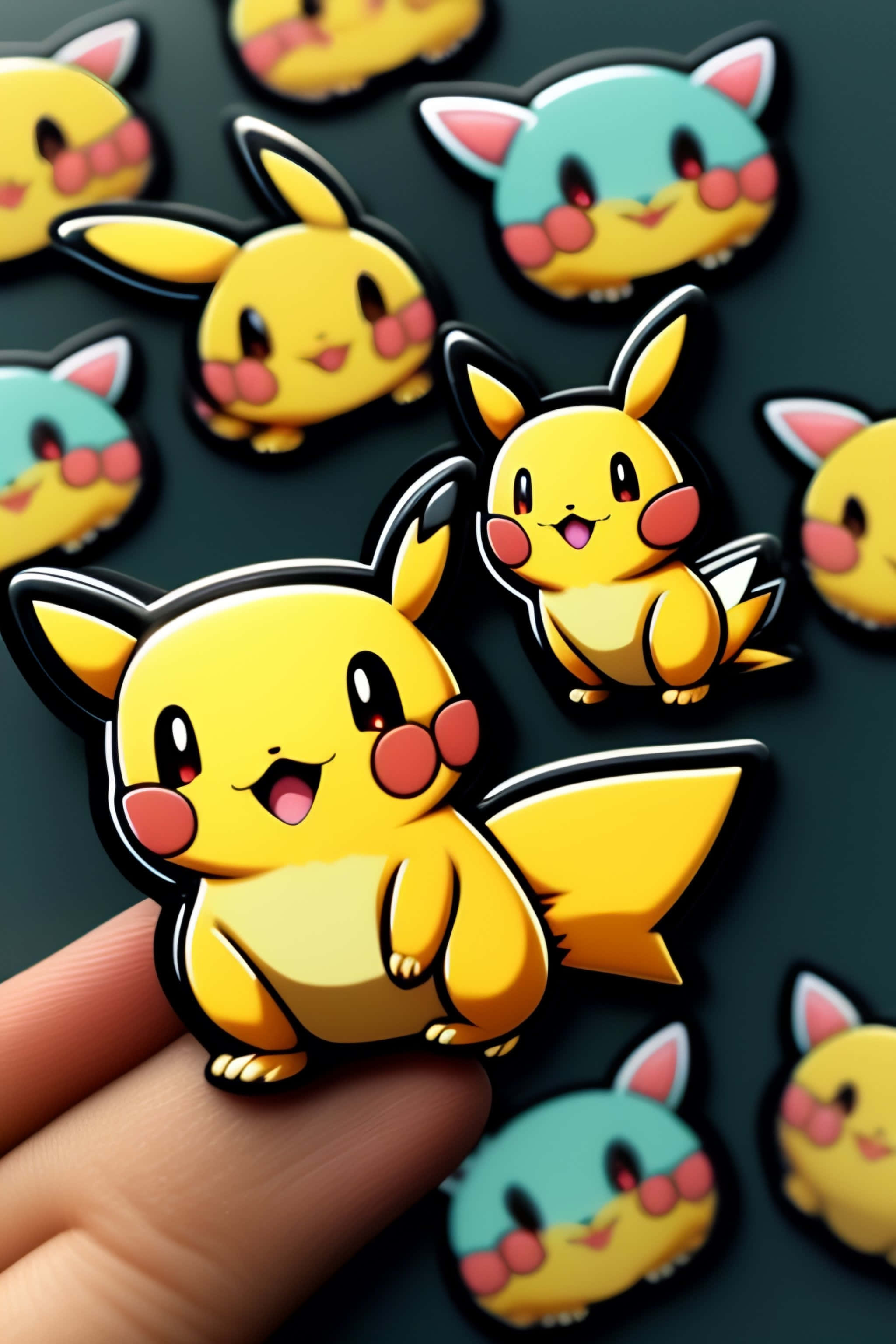 Pokemon Stickers 桌布 壁紙 — 一隻手拿著一個閃亮的黃色比卡超徽章，周圍有其他寵物小精靈徽章，背景為深色。
