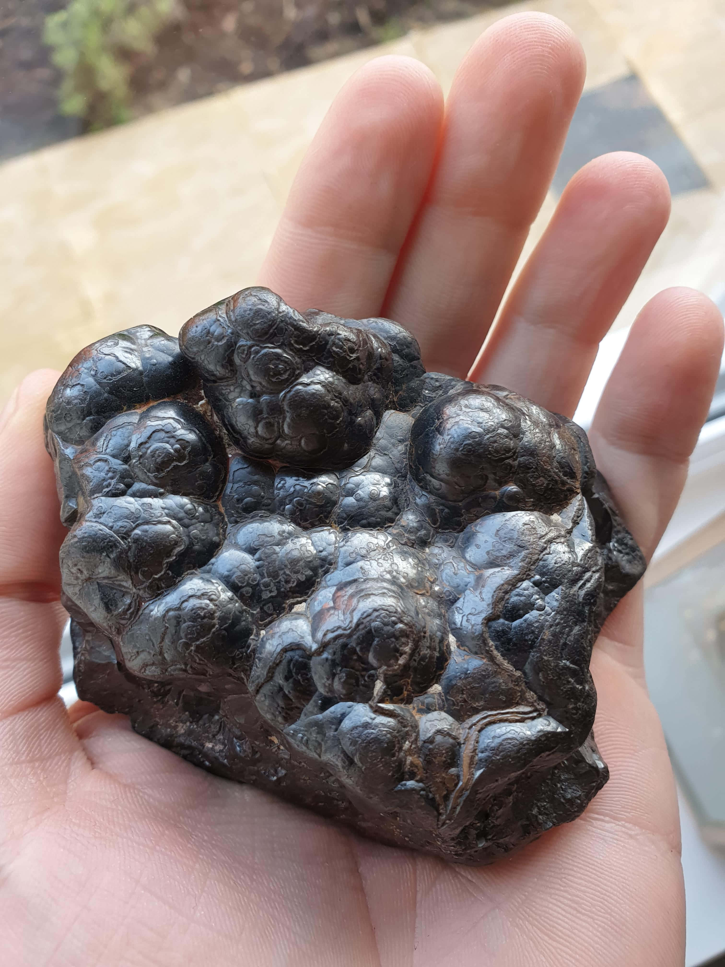Dark Rock 桌布 壁紙 — 一隻手拿著一塊帶有球狀結節的深色紋理岩石，背景是模糊的戶外庭院。