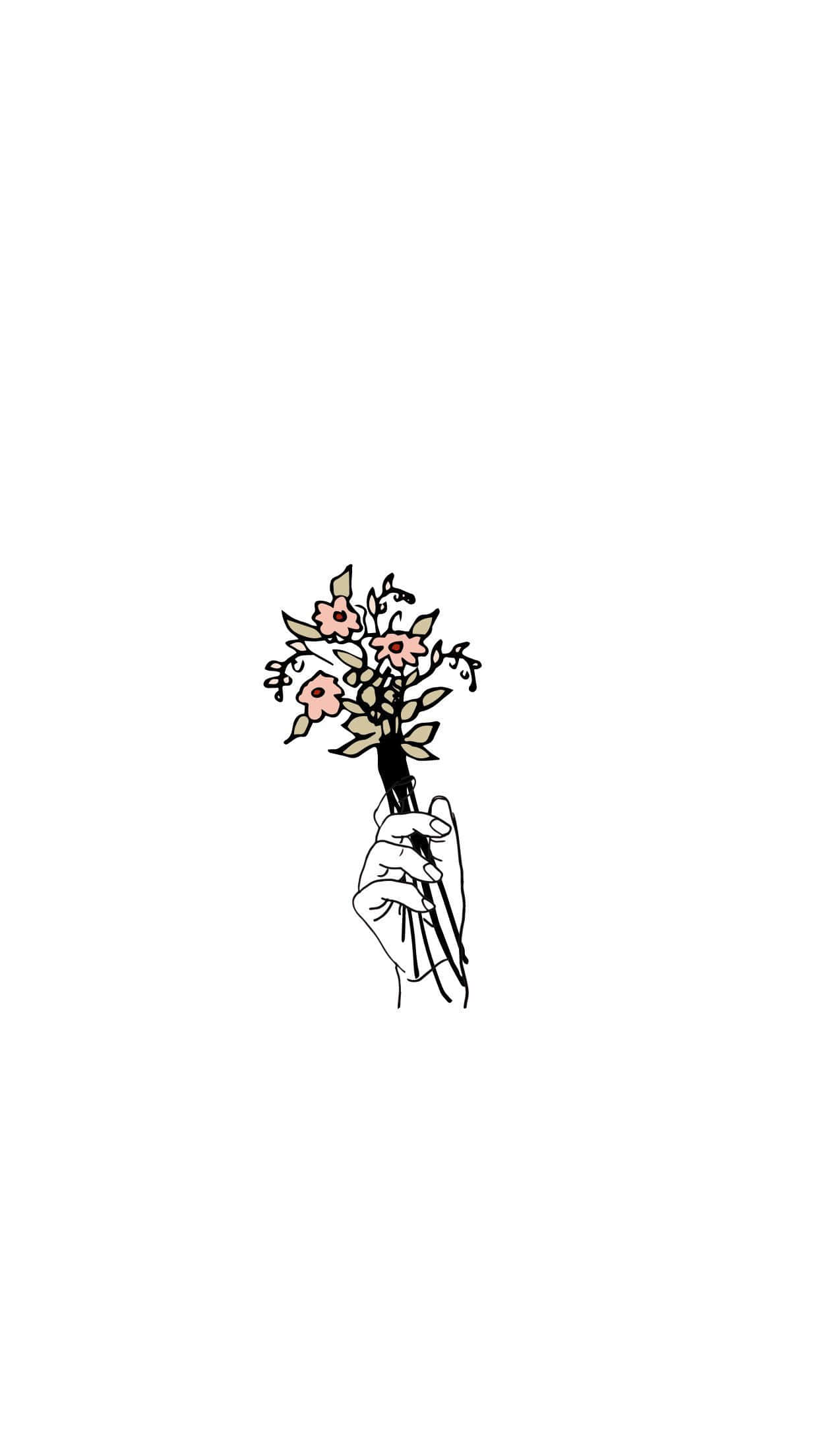 White iPhone 桌布 壁紙 — 一隻手拿著一小束粉紅色花朵的極簡線條畫，背景為純白色。