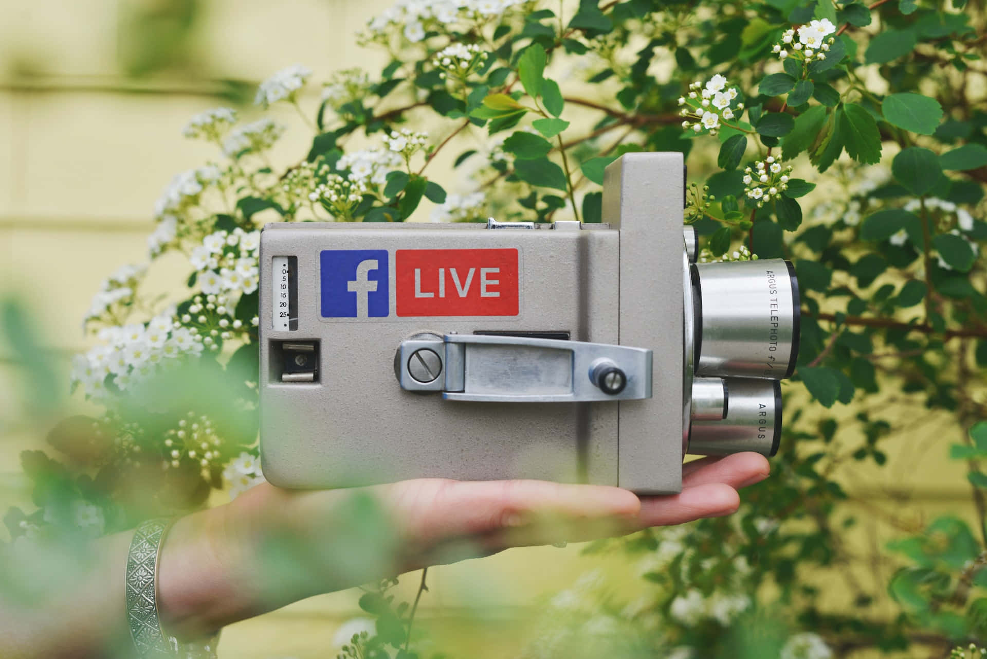 Video Advertising 桌布 壁紙 — 一隻手拿著一部帶有Facebook Live貼紙的復古銀色攝錄機，背景是綠色樹葉和白色花朵。
