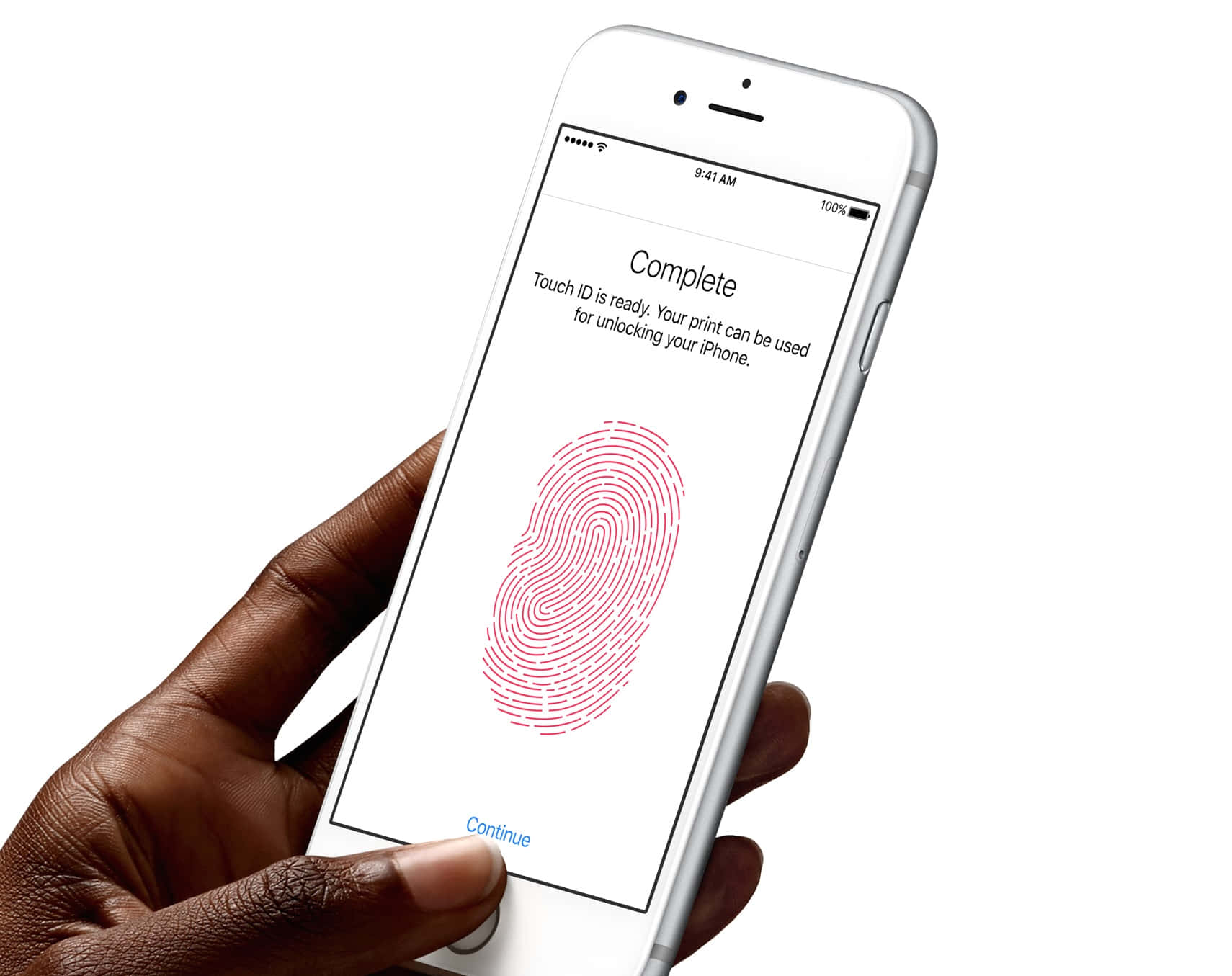 手持iPhone顯示已完成的Touch ID設定，帶有指紋圖案。 — 唔好掂我部iPad 壁紙