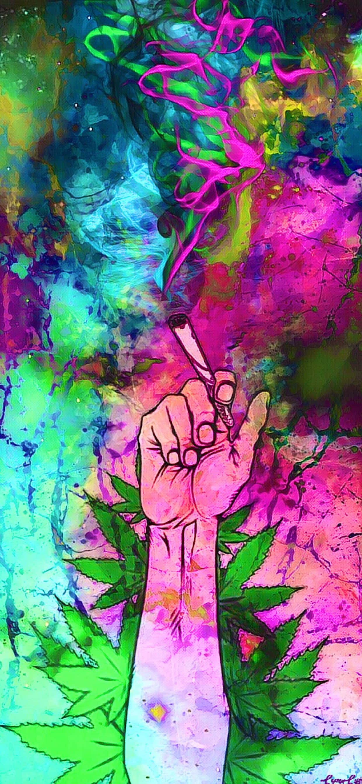 Trippy Art 桌布 壁紙 — 一隻手拿著點燃的大麻煙，在帶有大麻葉的迷幻水彩背景上釋放出鮮豔的粉紅色和綠色煙霧。
