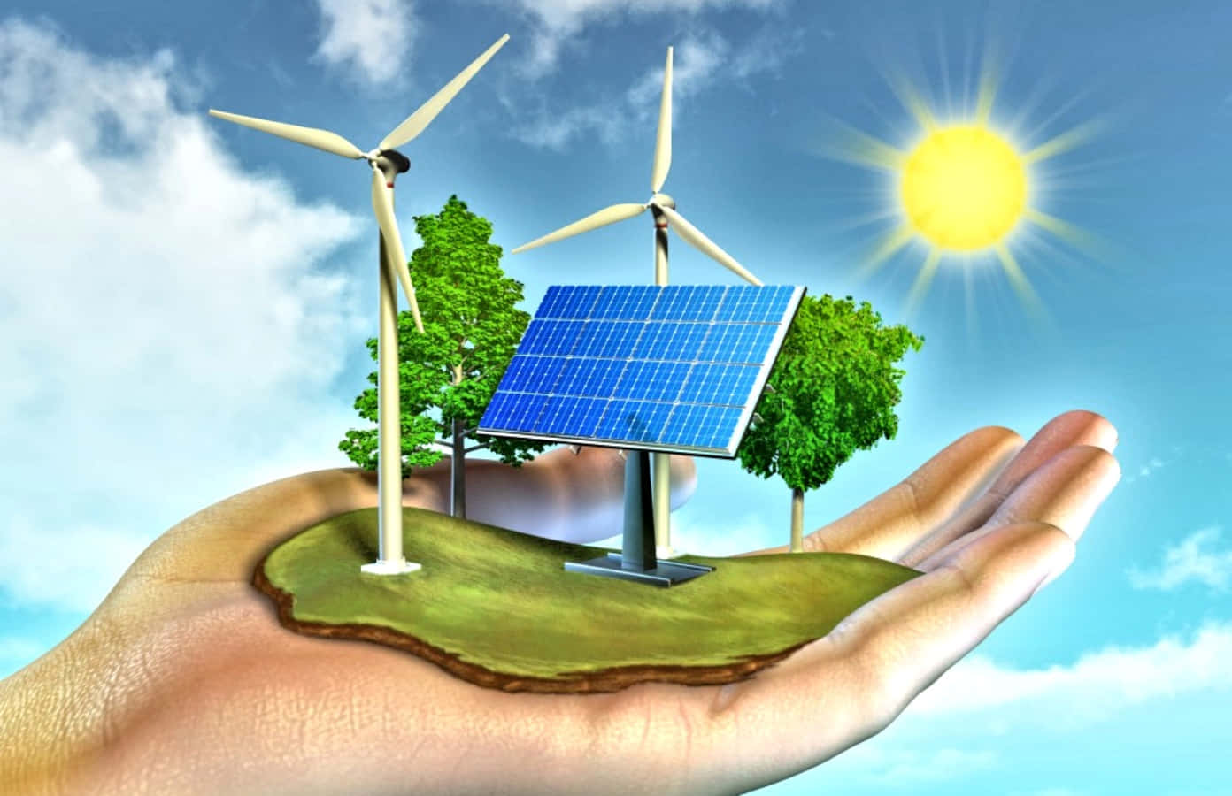 Energy 桌布 壁紙 — 一隻手捧著一個微型環保景觀，內有風力渦輪機、太陽能板和樹木，在明亮的陽光下。