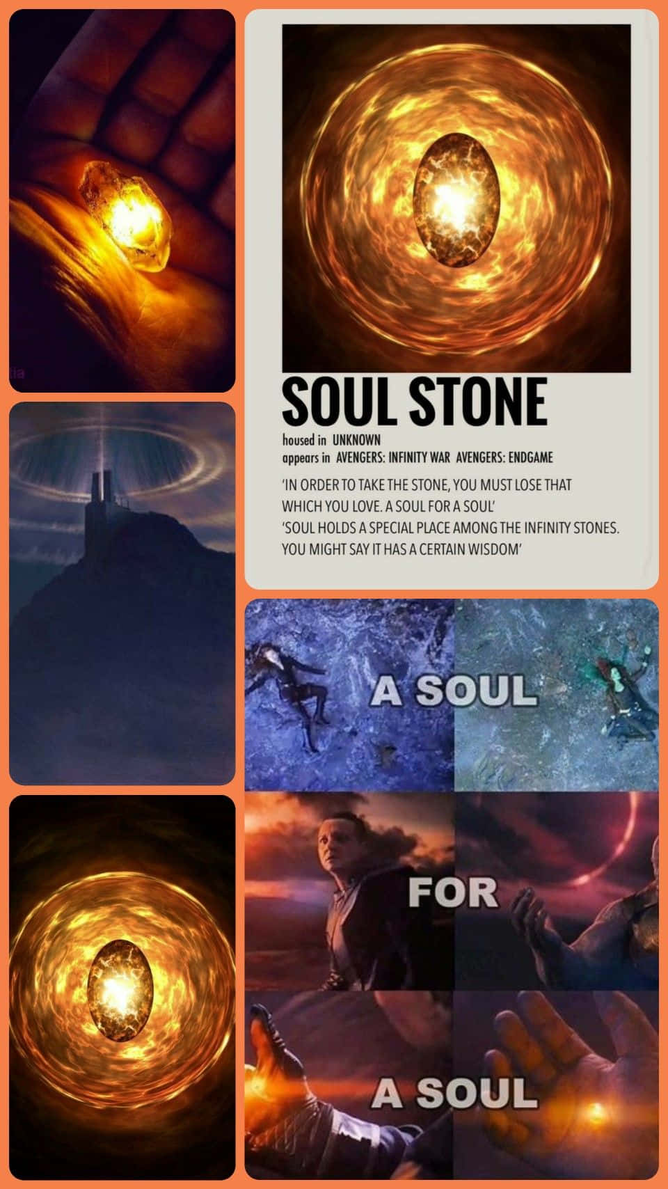Soul Stone 桌布 壁紙 — 一隻手捧著發光的金色靈魂寶石球體，周圍環繞著旋轉的能量和電影場景。