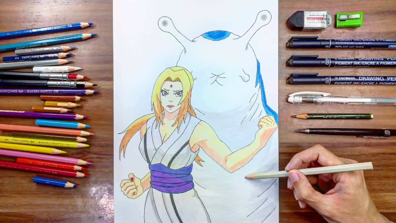 Katsuyu 桌布 壁紙 — 一隻手正在為一幅動漫風格嘅畫作上色，畫中有一位金髮女郎同一個帶藍色調嘅巨型生物，畫作放喺一個周圍擺滿美術用品嘅木枱上。