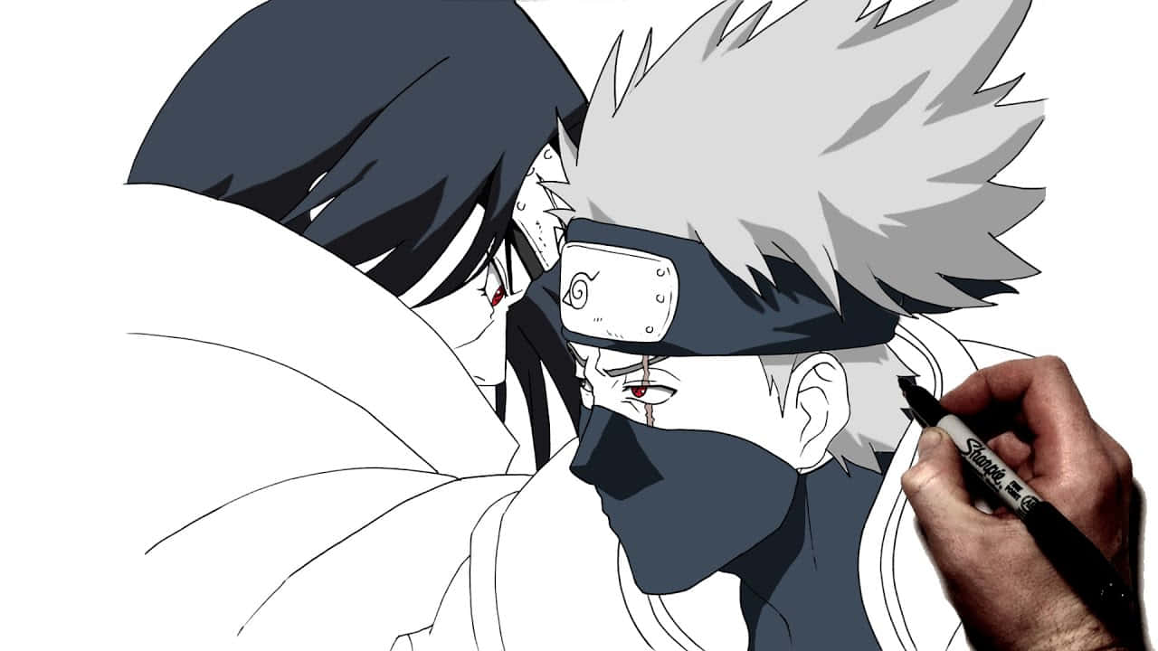 Kakashi And Itachi 桌布 壁紙 — 一隻手用Sharpie在白色背景上畫出動漫角色卡卡西和佐助。