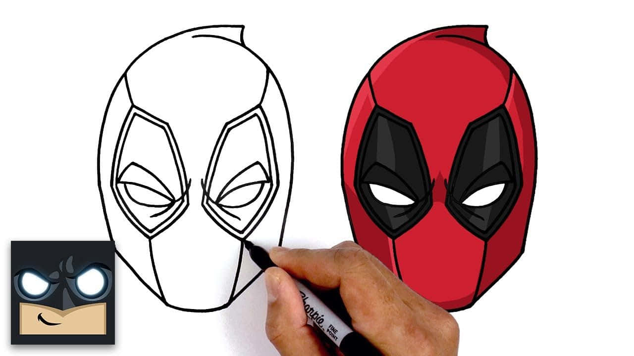 Deadpool Mask 桌布 壁紙 — 一隻手用黑色馬克筆畫出死侍面具的輪廓，旁邊是其紅黑彩色版本。