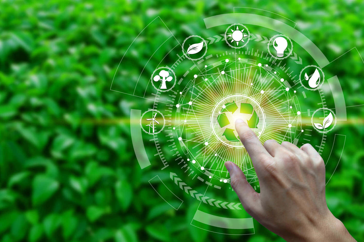 Green Economy 桌布 壁紙 — 一隻手輕觸一個發光的綠色全息界面，上面顯示環保圖標，背景是茂密的樹葉。