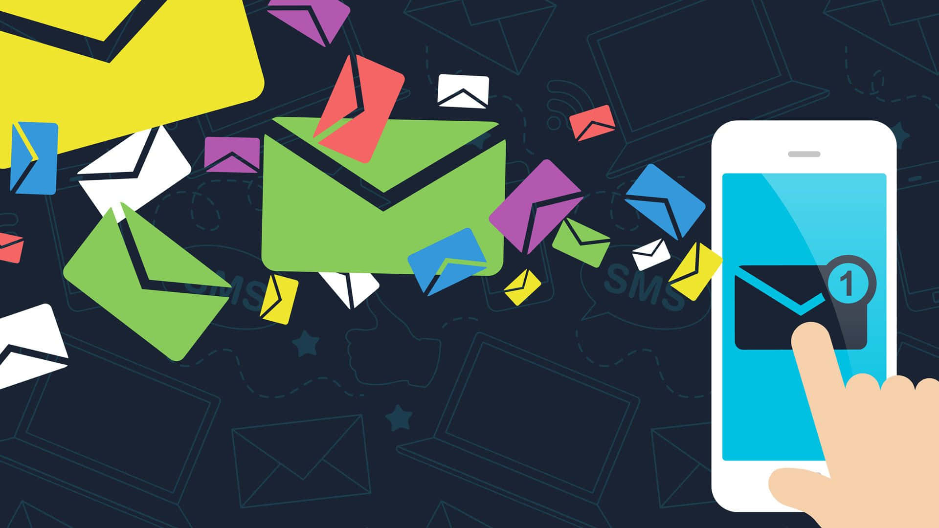 Email 桌布 壁紙 — 一隻手輕觸顯示通知的智能手機，彩色電子郵件圖標從屏幕中迸出，背景為深色數碼背景。