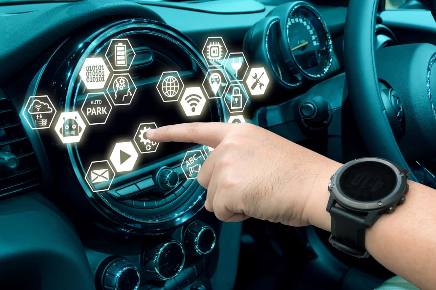 Car Technology 桌布 壁紙 — 一隻手輕點圍繞汽車方向盤漂浮的發光未來感圖標，顯示智能駕駛功能。