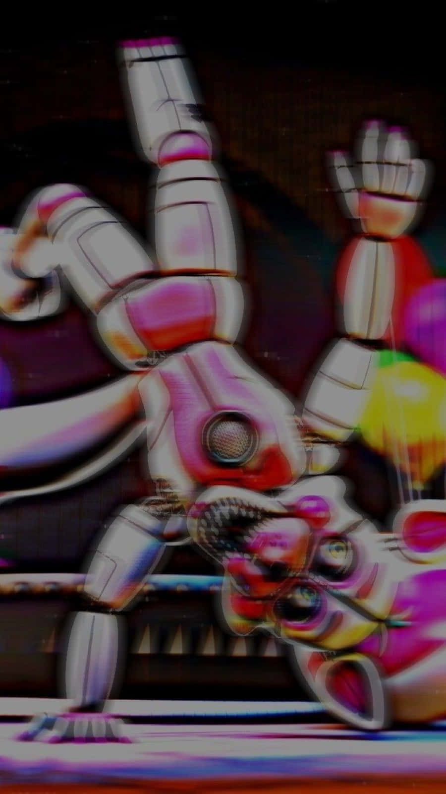 Funtime Foxy 桌布 壁紙 — 一隻扭曲的電子熊，擁有鋒利的牙齒和發光的眼睛，在充滿故障效果的霓虹場景中。
