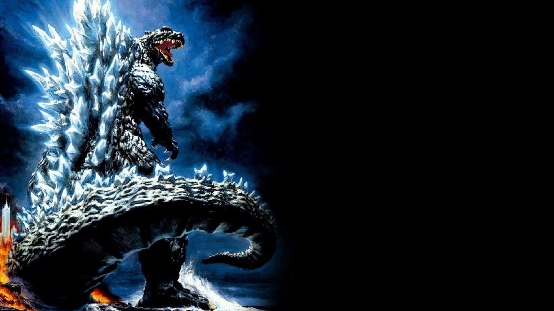 Godzilla 2000 桌布 壁紙 — 一隻擁有冰刺的巨大哥斯拉在暴風雨藍天下，於廢墟城市上咆哮。