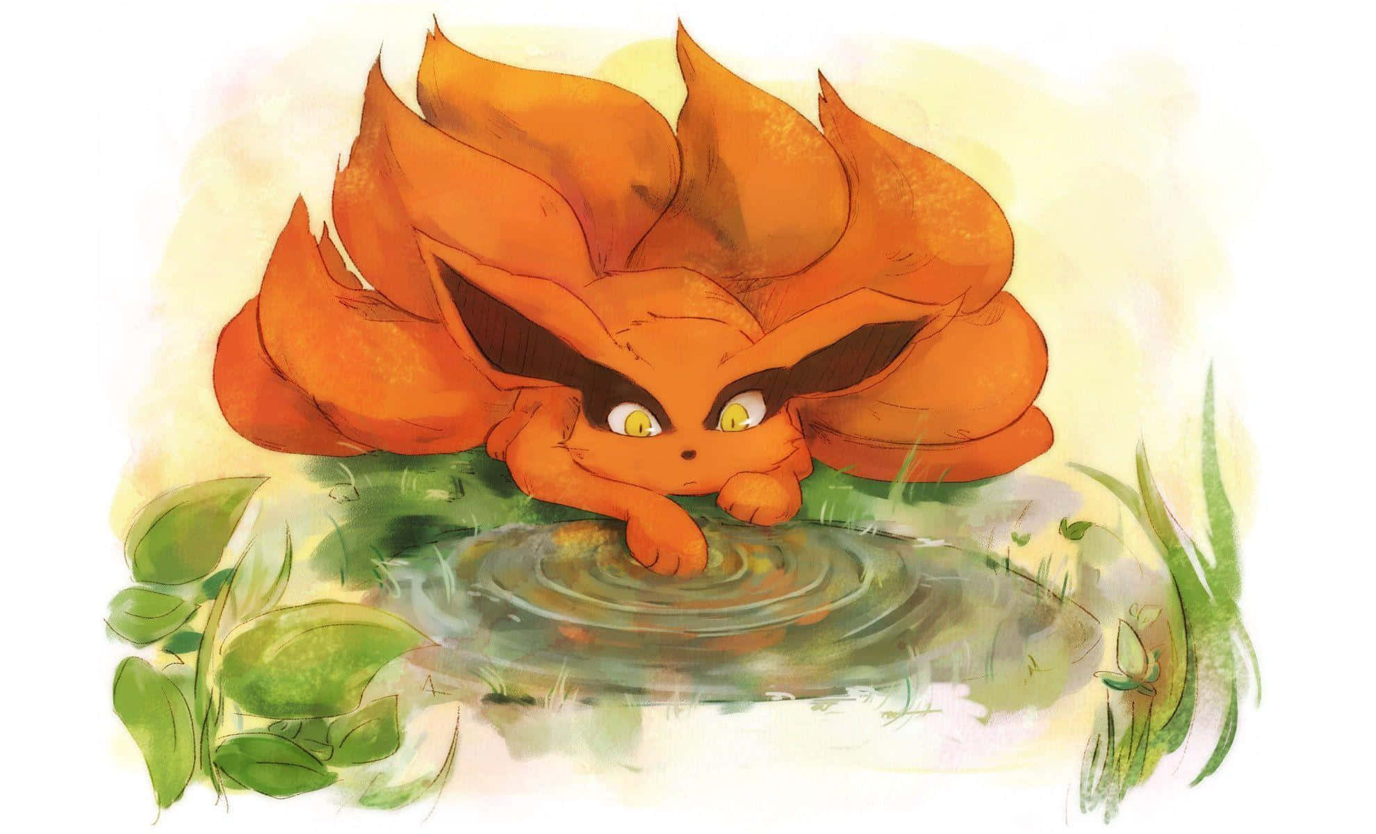 Baby Kurama 桌布 壁紙 — 一隻擁有火橙色毛髮和發光黃色眼睛的九尾狐，將下巴擱在池塘邊緣，周圍環繞著綠色植物。