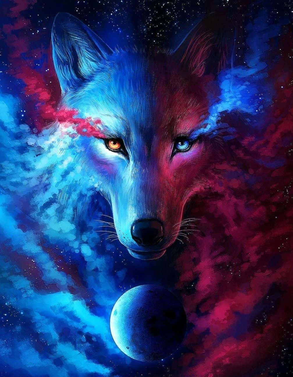 Red Wolf 桌布 壁紙 — 一隻擁有異色瞳的雄偉狼隻，在宇宙背景下向前凝視，背景是旋轉的藍色和紅色星雲，下方有一顆行星。