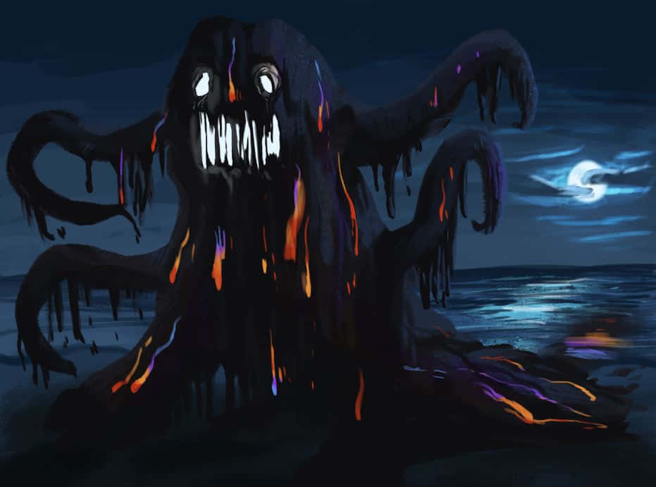 Halloween Slime 桌布 壁紙 — 一隻擁有發光眼睛和滴落火焰肢體的恐怖黑暗怪物在彎月下從海洋中出現。