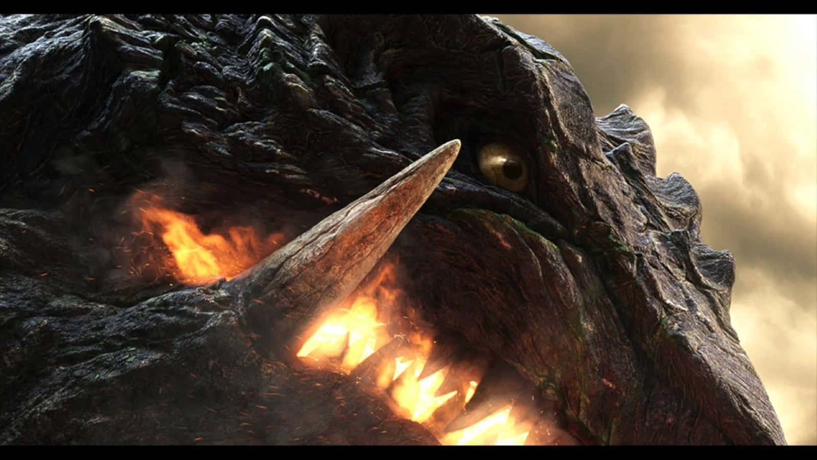 Gamera 桌布 壁紙 — 一隻擁有發光眼睛和火焰呼吸的怪物，對著暴風雨的天空咆哮。