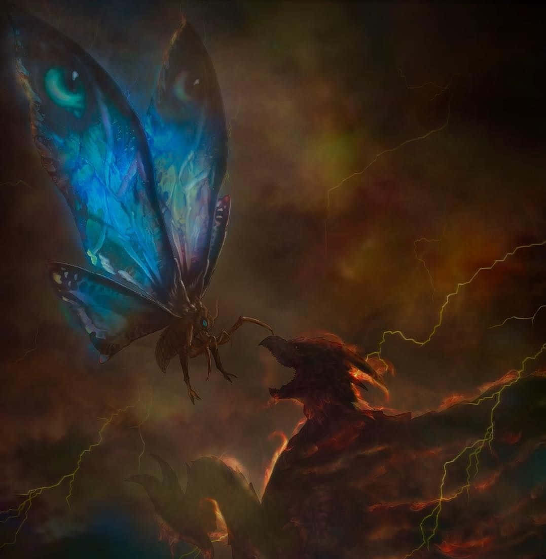 mothra 桌布 壁紙 — 一隻擁有發光眼睛的雄偉藍翅飛蛾，在風暴閃電交加的天空中，與一隻咆哮的火焰巨龍對峙。