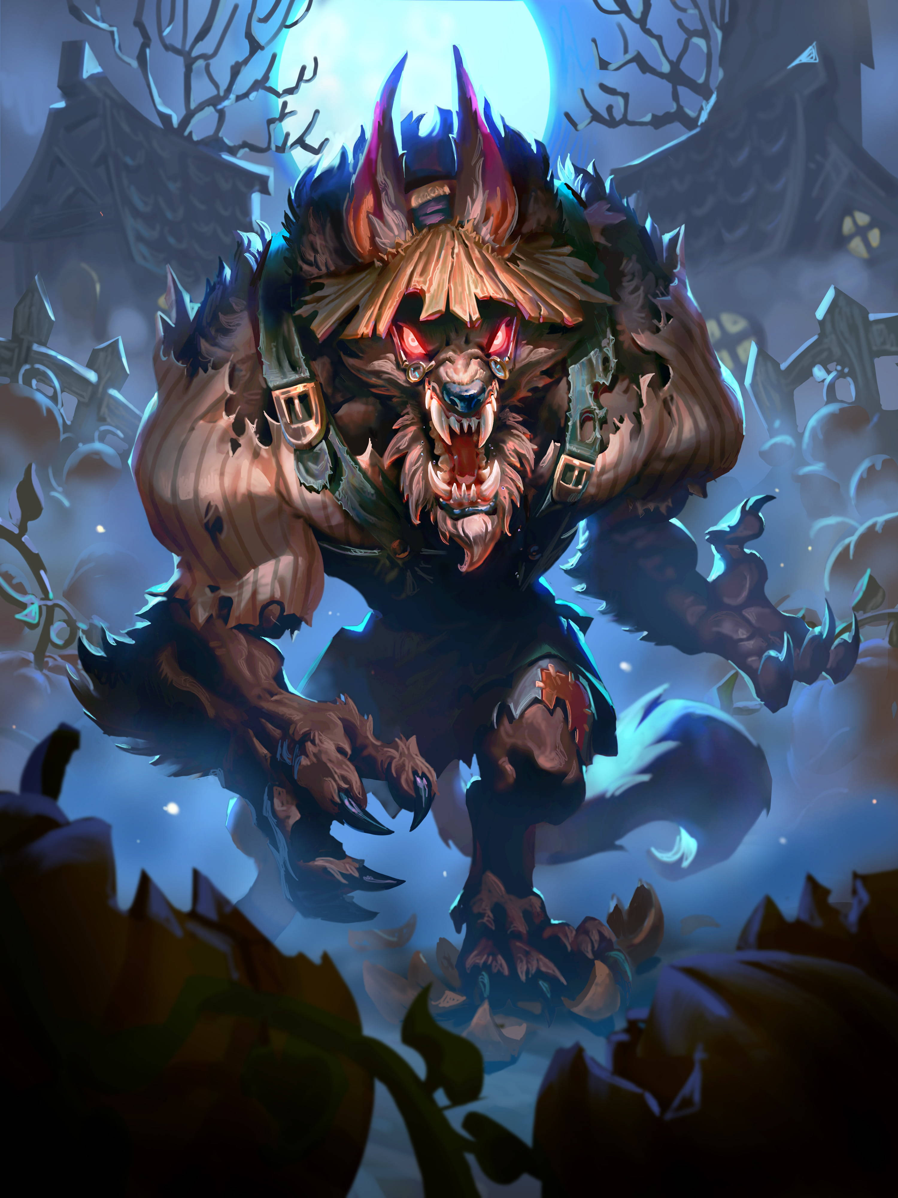 hearthstone phone 桌布 壁紙 — 一隻擁有發光紅眼和尖刺盔甲的恐怖狼人，在滿月下的鬧鬼墓地中咆哮。