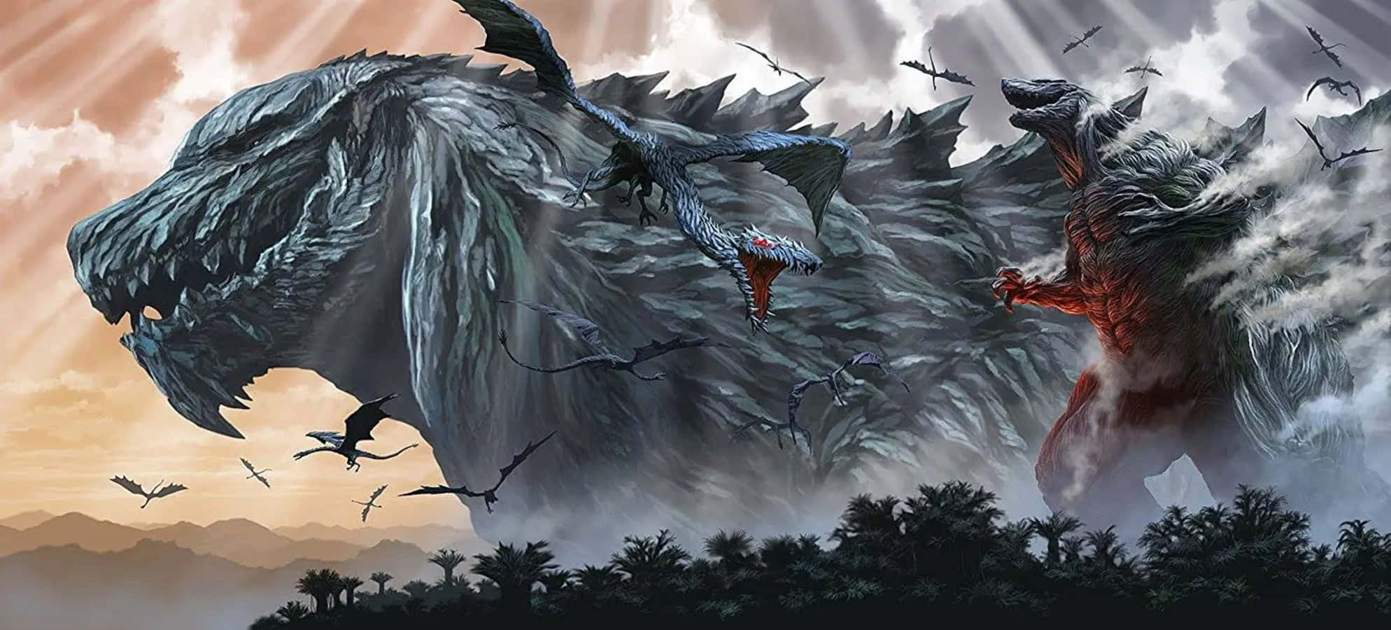 Godzilla Earth 桌布 壁紙 — 一隻擁有發光紅眼和尖刺鱗片的巨龍在叢林上空咆哮，周圍有較小的龍在飛翔。