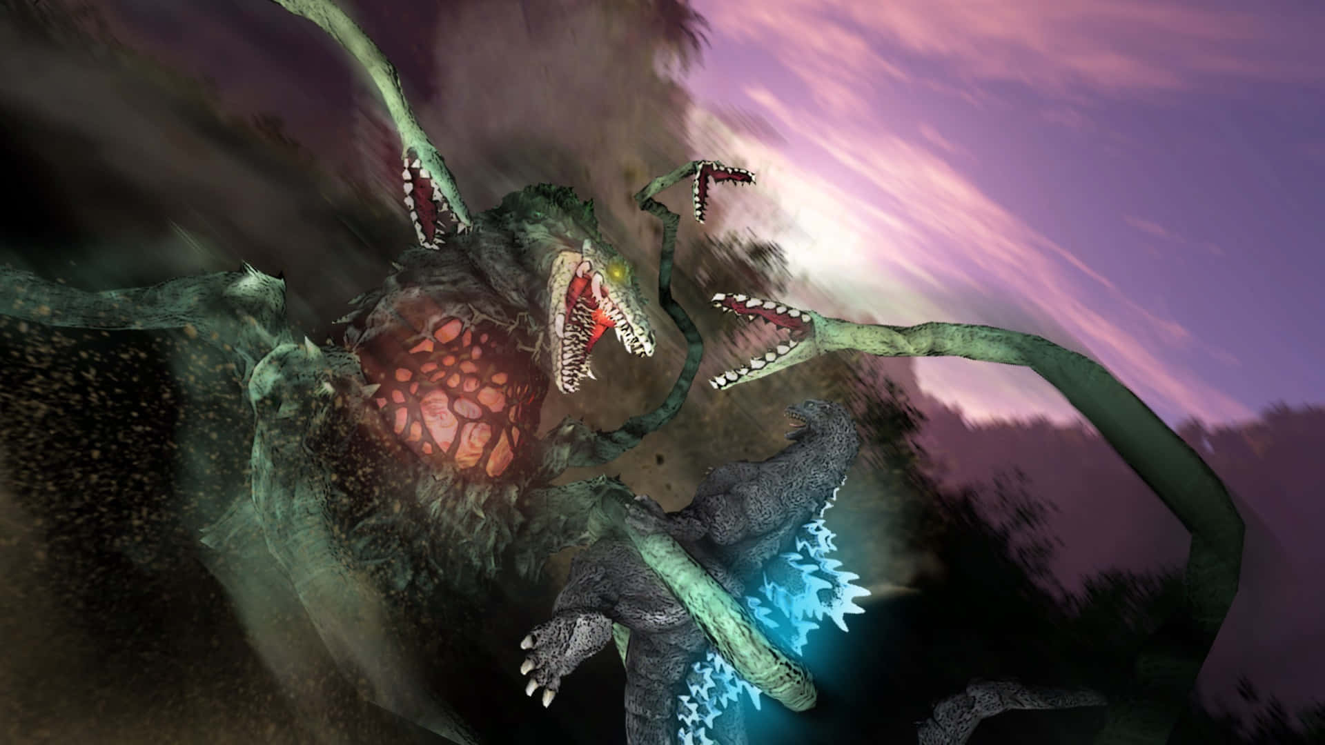 Godzilla Vs Biollante 桌布 壁紙 — 一隻擁有發光紅色核心和尖銳牙齒、多肢的恐怖綠色怪物，在紫色暮色天空下攻擊一個較小的怪物。