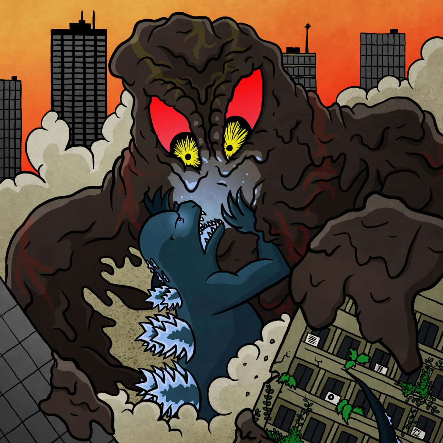 Godzilla Vs Hedorah 桌布 壁紙 — 一隻擁有發光紅黃色眼睛的龐大黑暗怪物，在日落時分的廢墟城市景觀中抓住了一隻藍色恐龍般的生物。